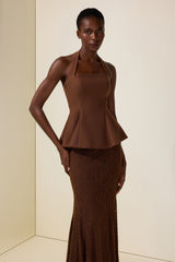 Solid Halter Neck Top & Lace Maxi Skirt Set