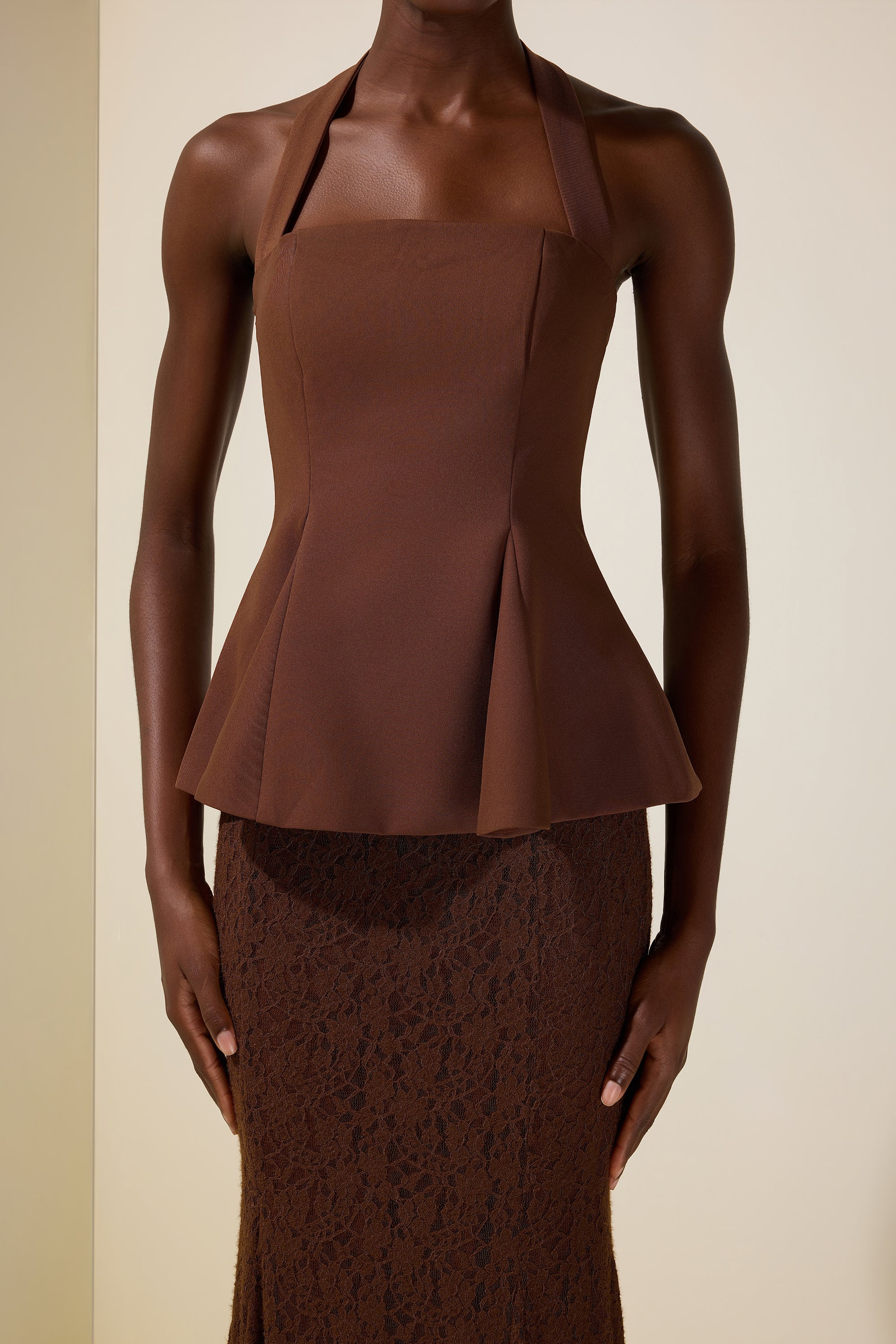 Solid Halter Neck Top & Lace Maxi Skirt Set
