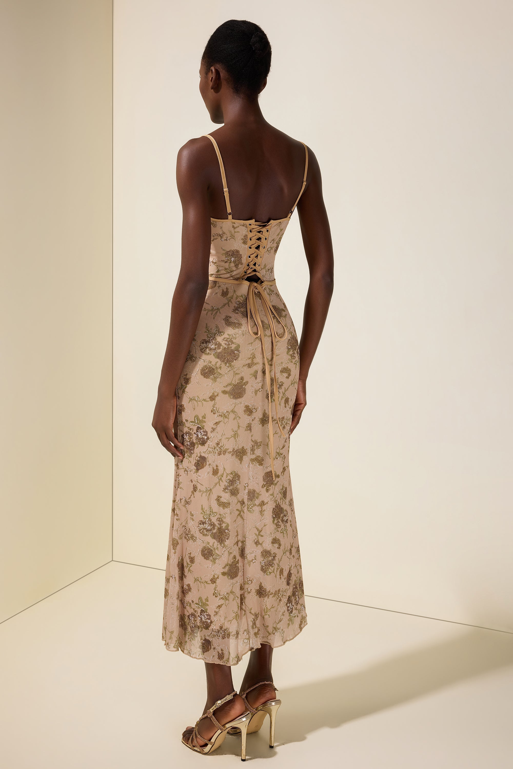 Mesh Floral Tie-Up Midi Dress