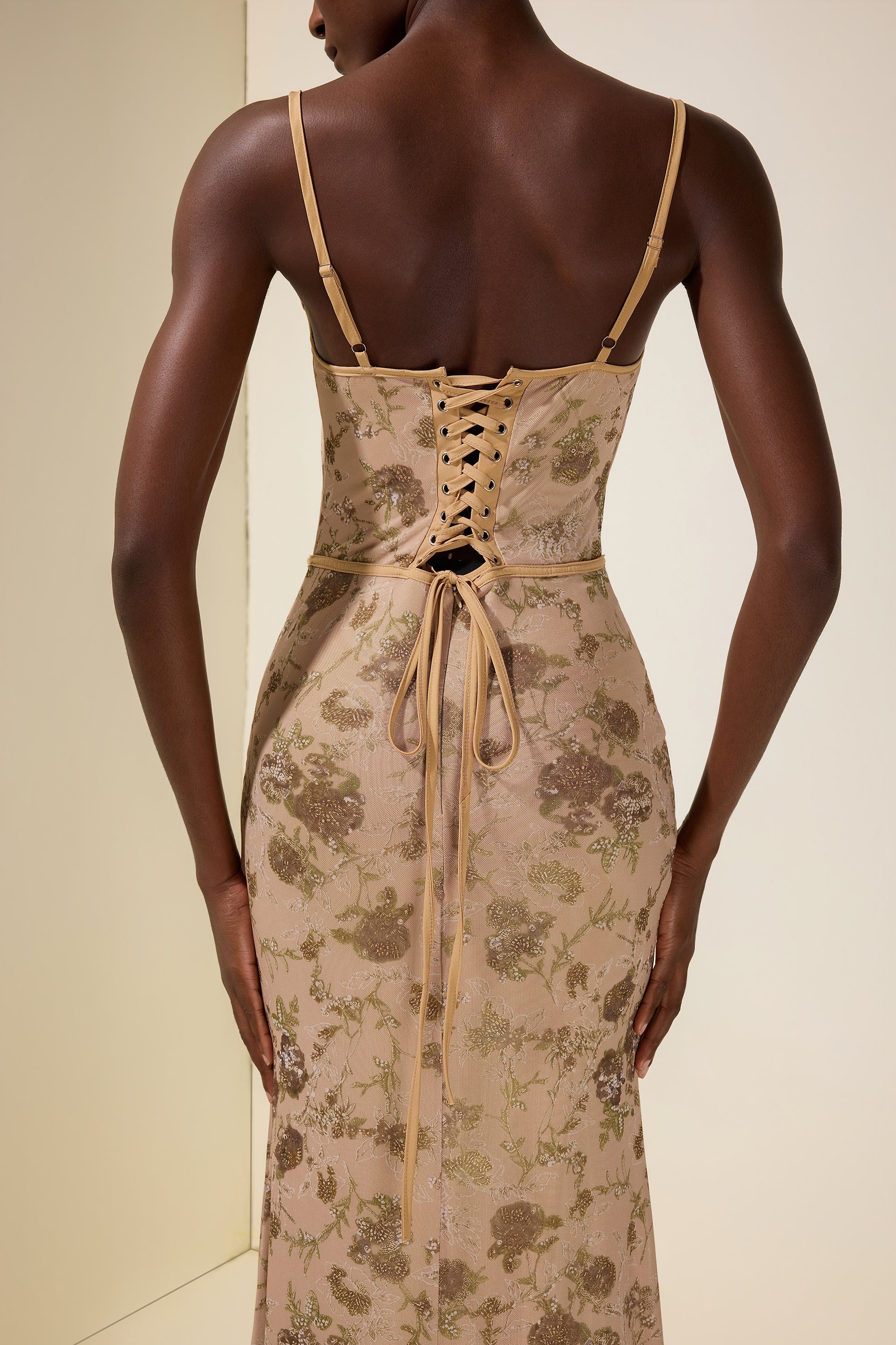 Mesh Floral Tie-Up Midi Dress