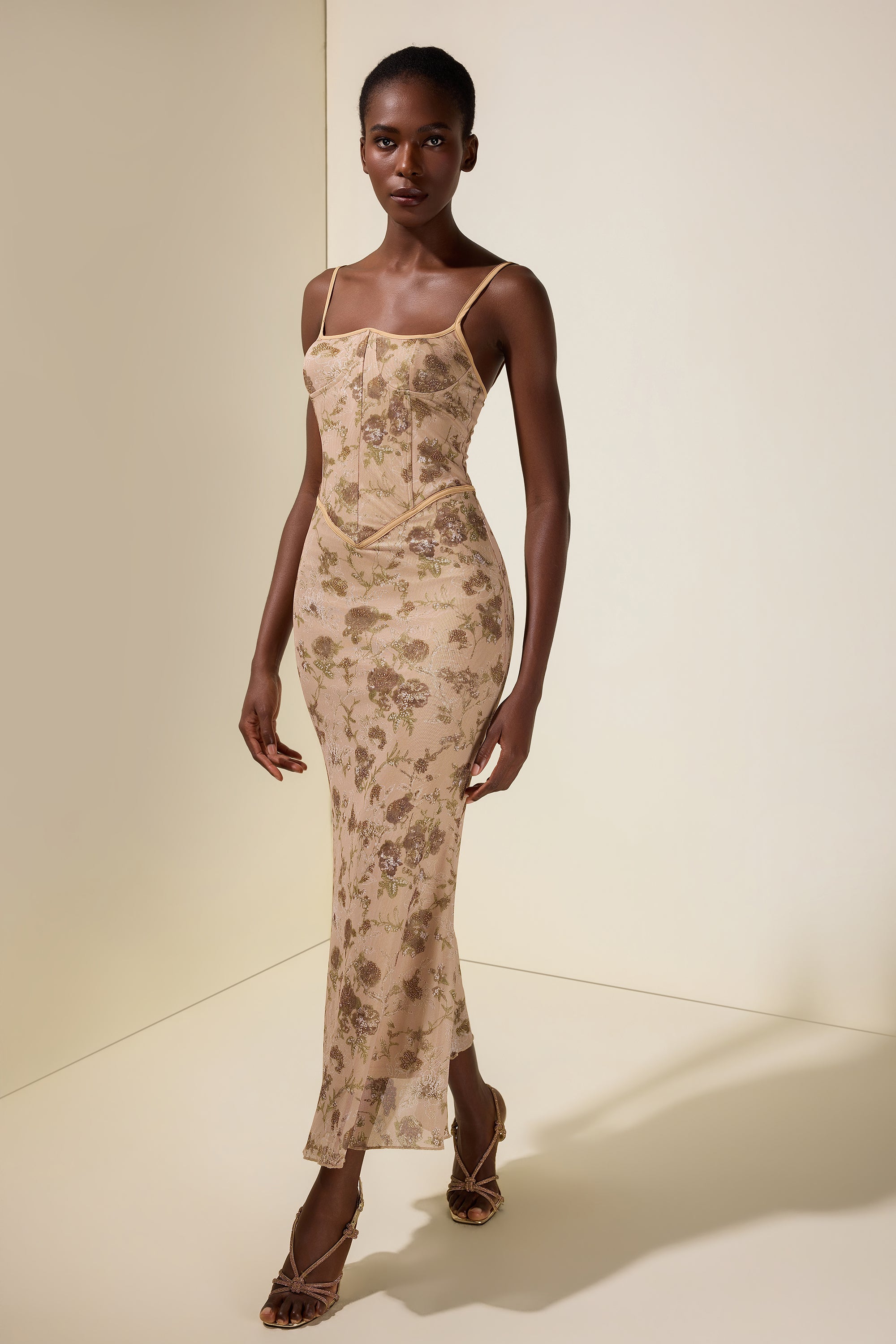 Mesh Floral Tie-Up Midi Dress