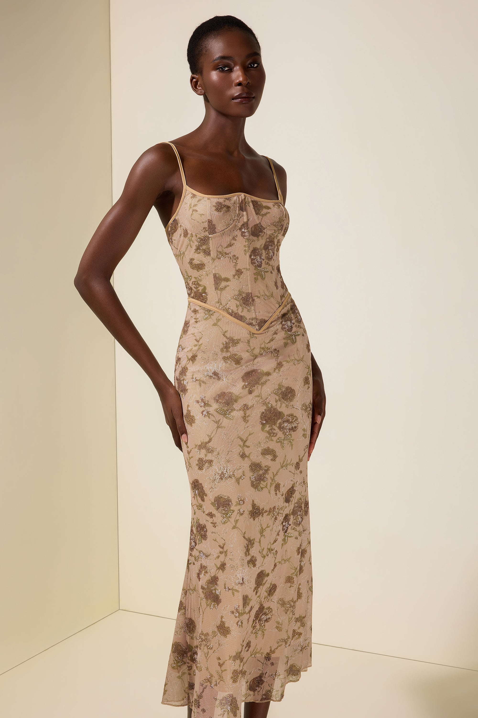Mesh Floral Tie-Up Midi Dress