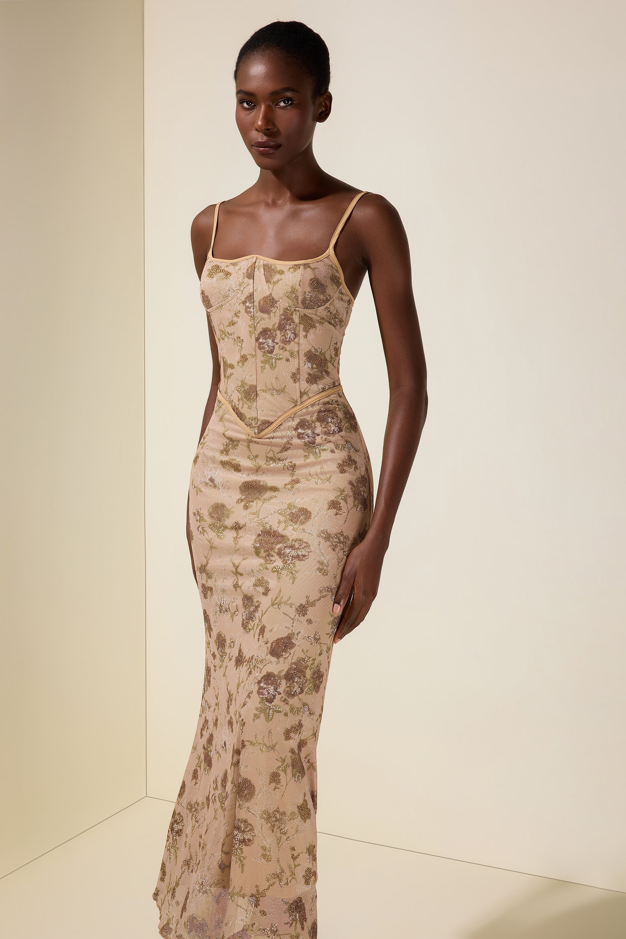 Mesh Floral Tie-Up Midi Dress