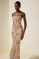 Mesh Floral Tie-Up Midi Dress