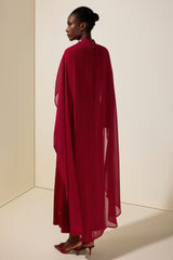 Jersey Rhinestone Rivets Maxi Dress With Chiffon Cape