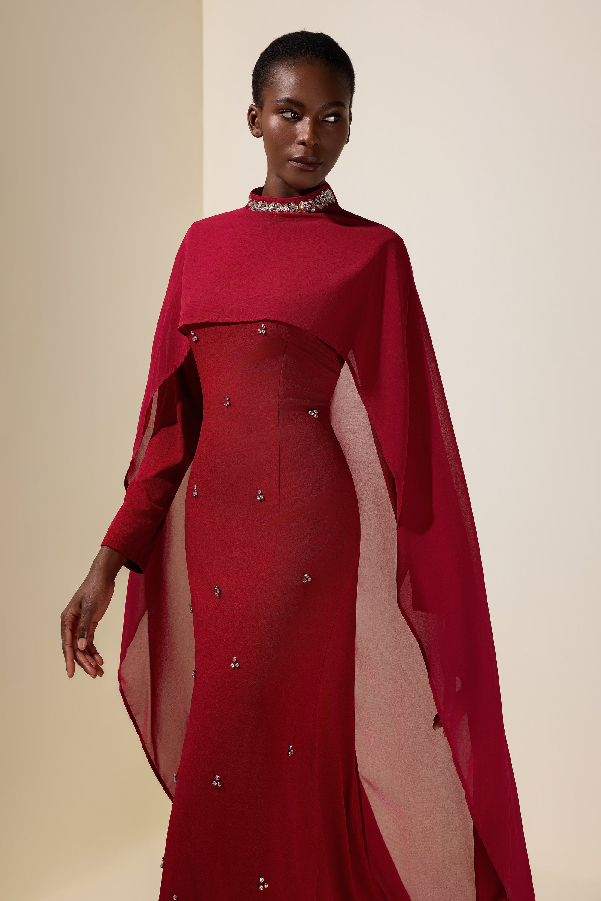 Jersey Rhinestone Rivets Maxi Dress With Chiffon Cape