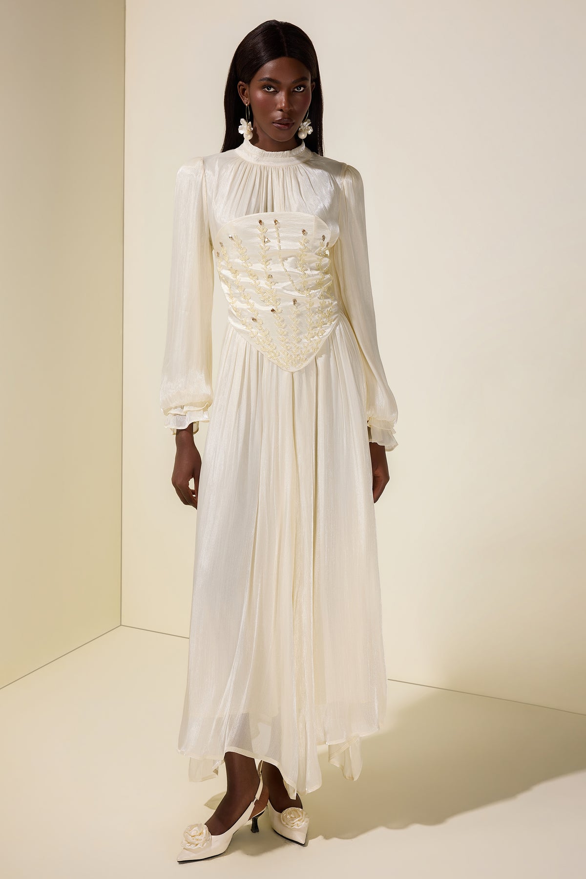 Nail Bead Embroidery Gathering Midi Dress