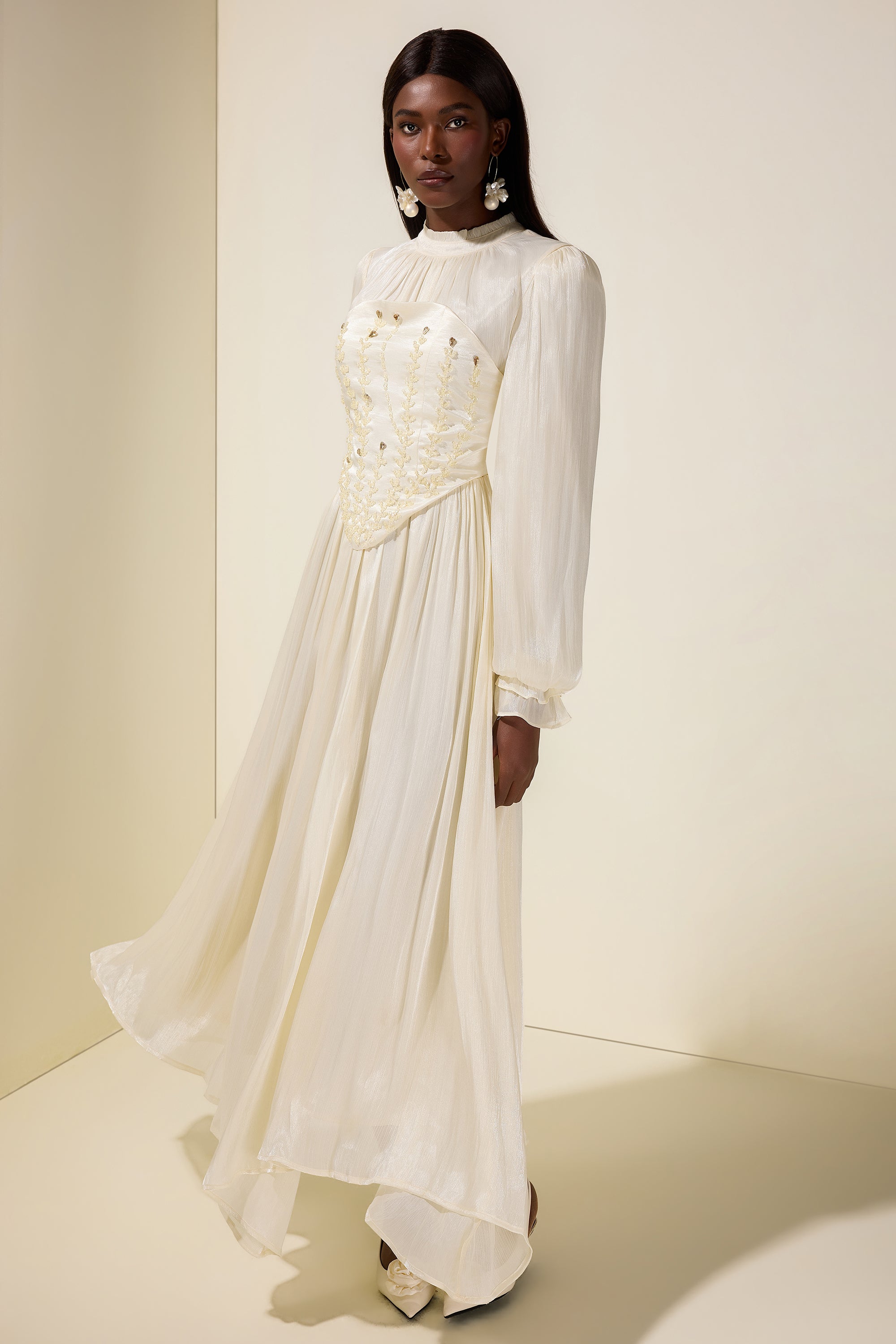Nail Bead Embroidery Gathering Midi Dress