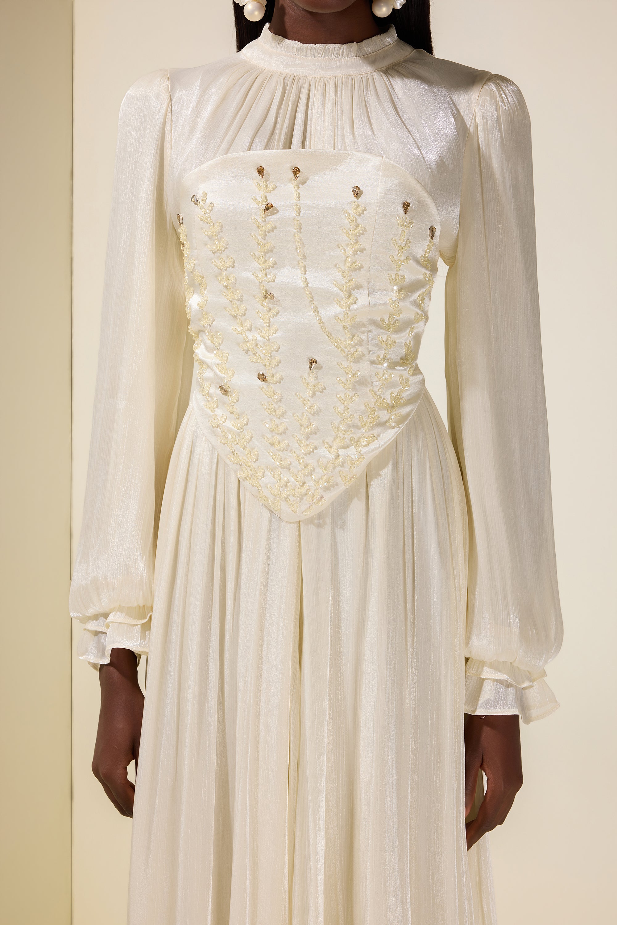 Nail Bead Embroidery Gathering Midi Dress