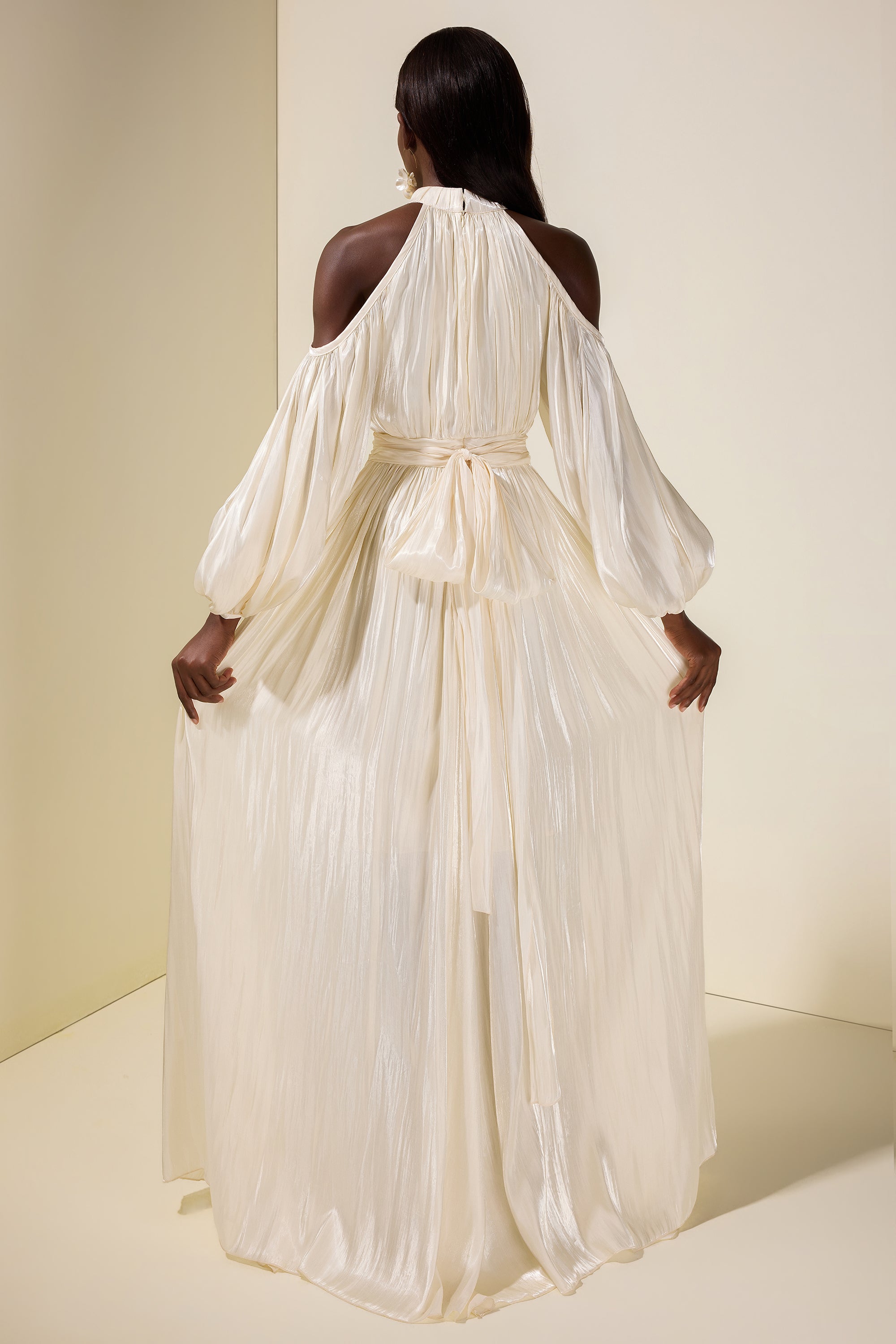 Satin Off-Shoulder Gathering Maxi Dress With Belt