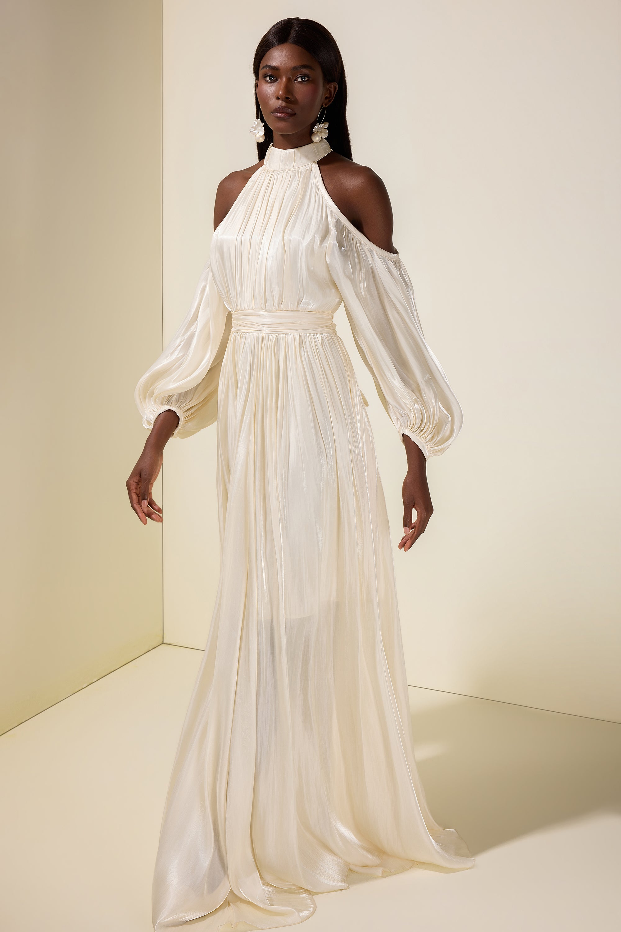 Satin Off-Shoulder Gathering Maxi Dress With Belt