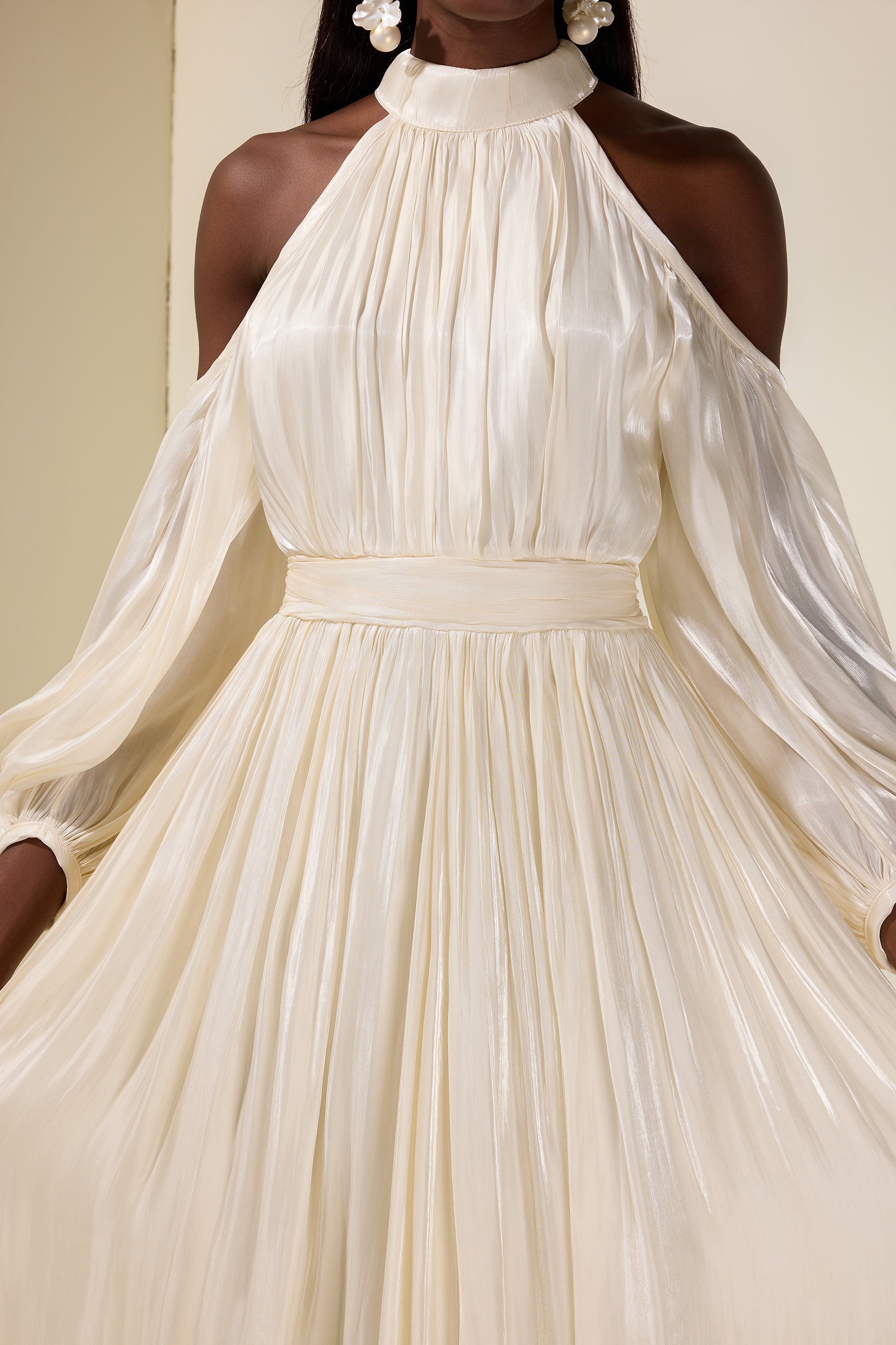 Satin Off-Shoulder Gathering Maxi Dress With Belt
