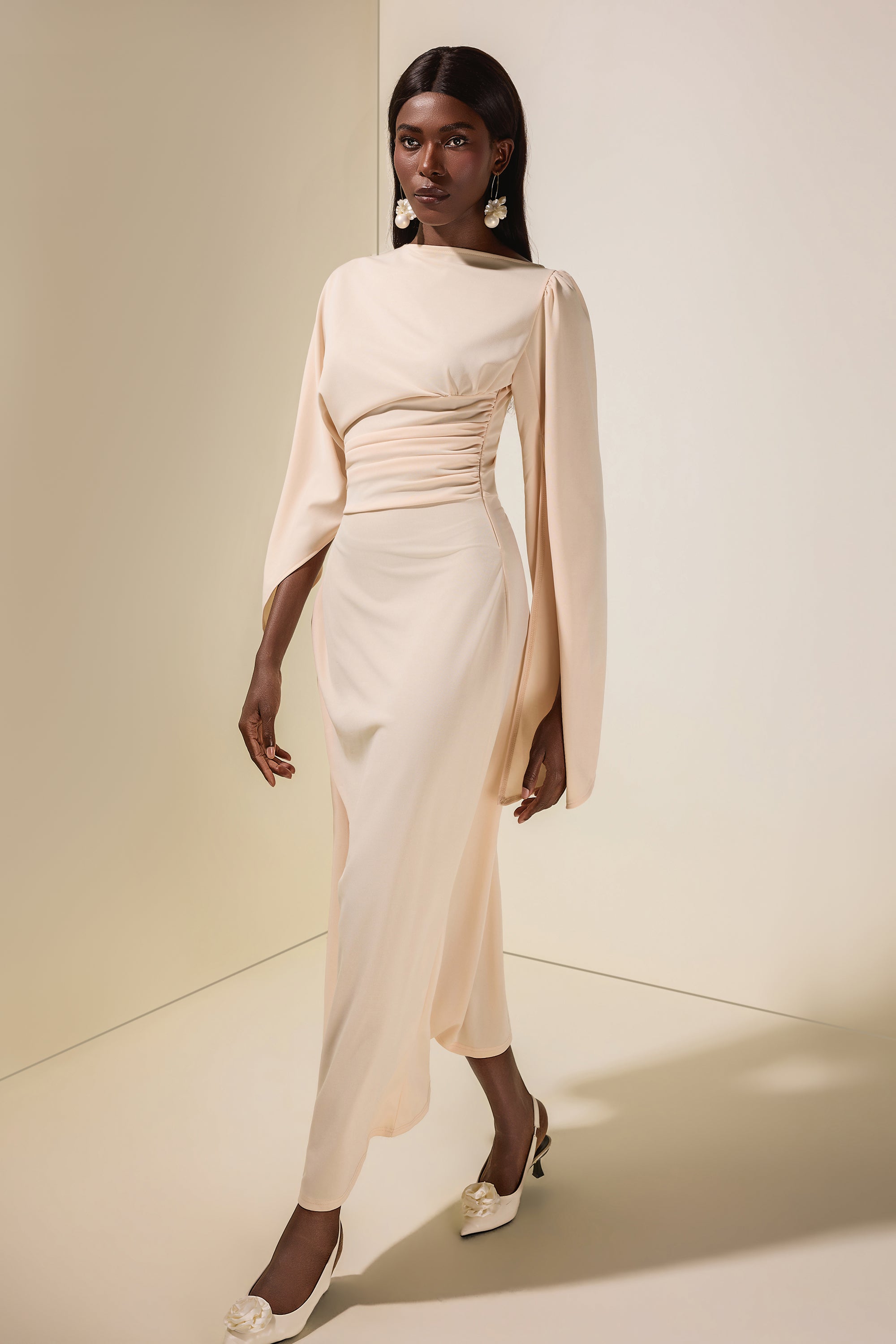 Jersey Gathering Cape Sleeve Maxi Dress