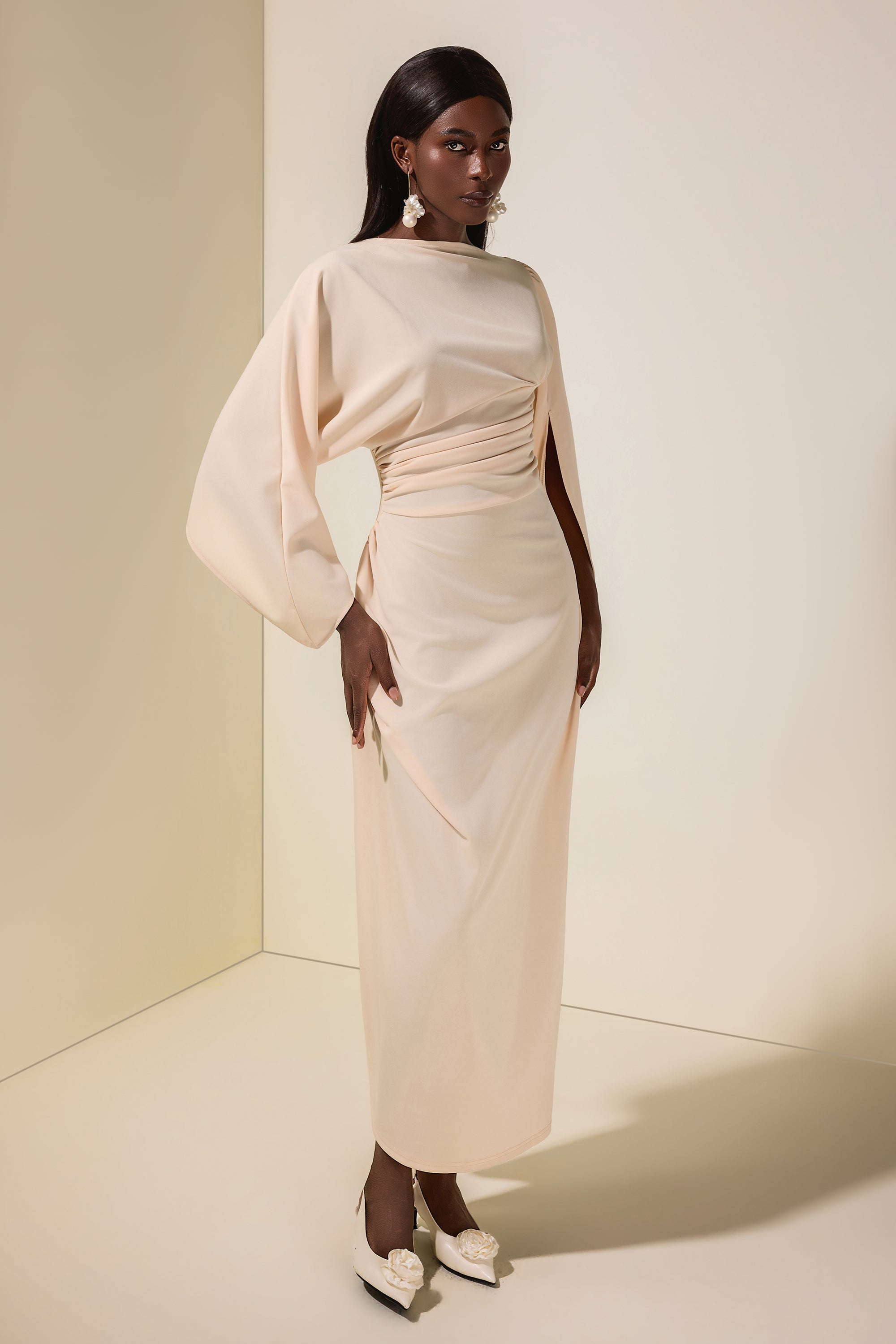 Jersey Gathering Cape Sleeve Maxi Dress