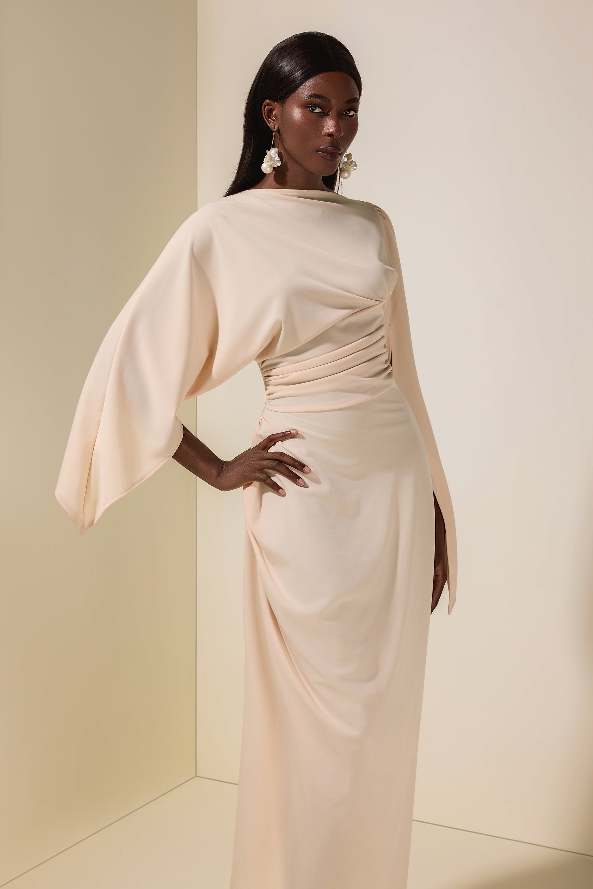 Jersey Gathering Cape Sleeve Maxi Dress