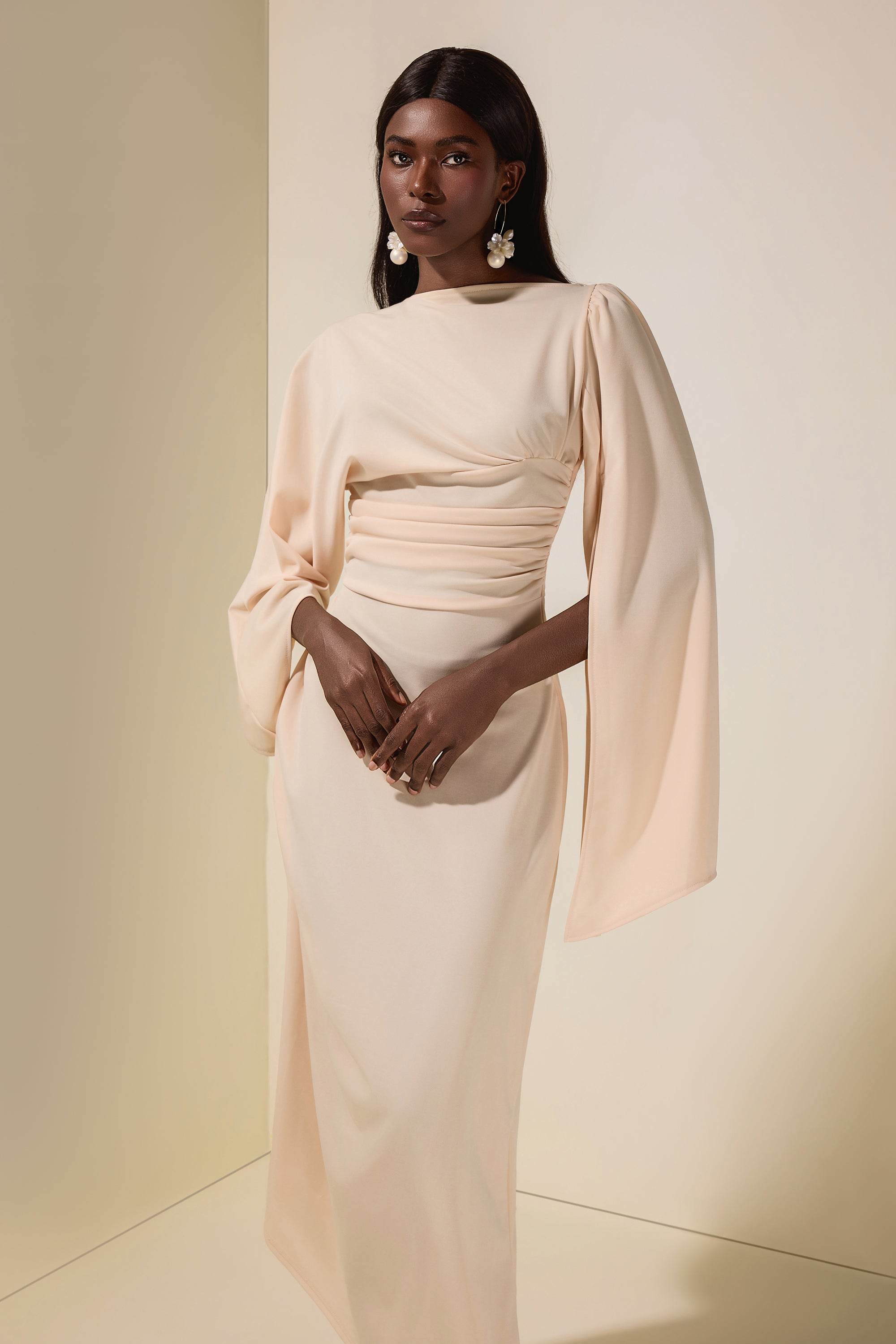 Jersey Gathering Cape Sleeve Maxi Dress
