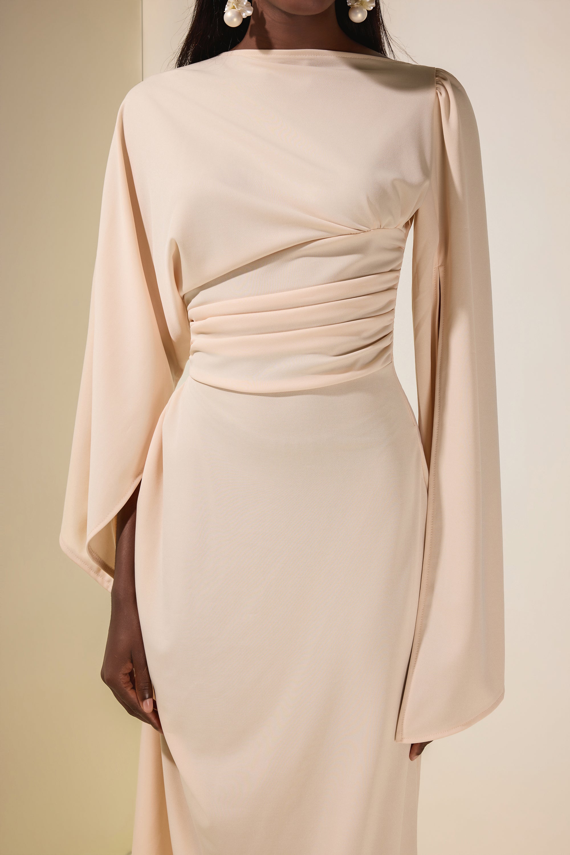 Jersey Gathering Cape Sleeve Maxi Dress