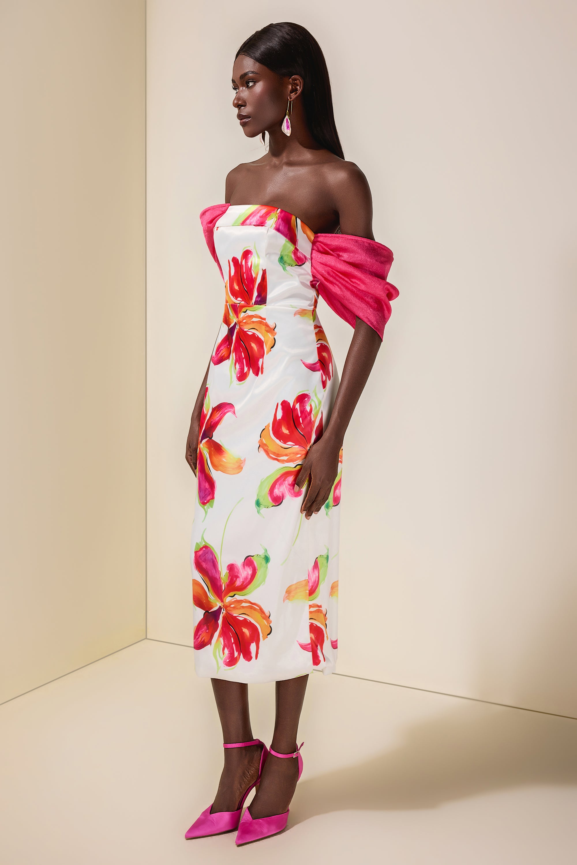 Floral Off-Shoulder Slit Midi Dress