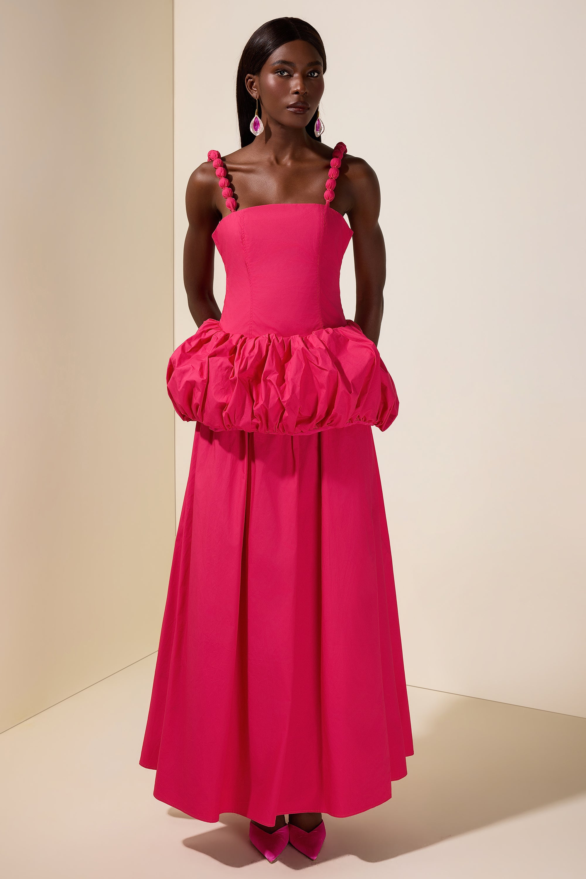 Solid Beaded Slip Puff Maxi Dress