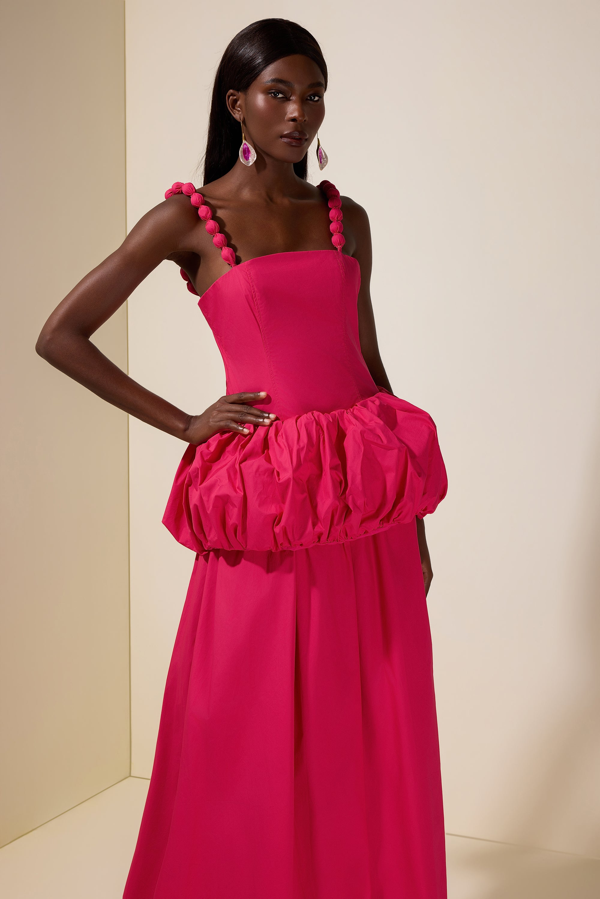 Solid Beaded Slip Puff Maxi Dress