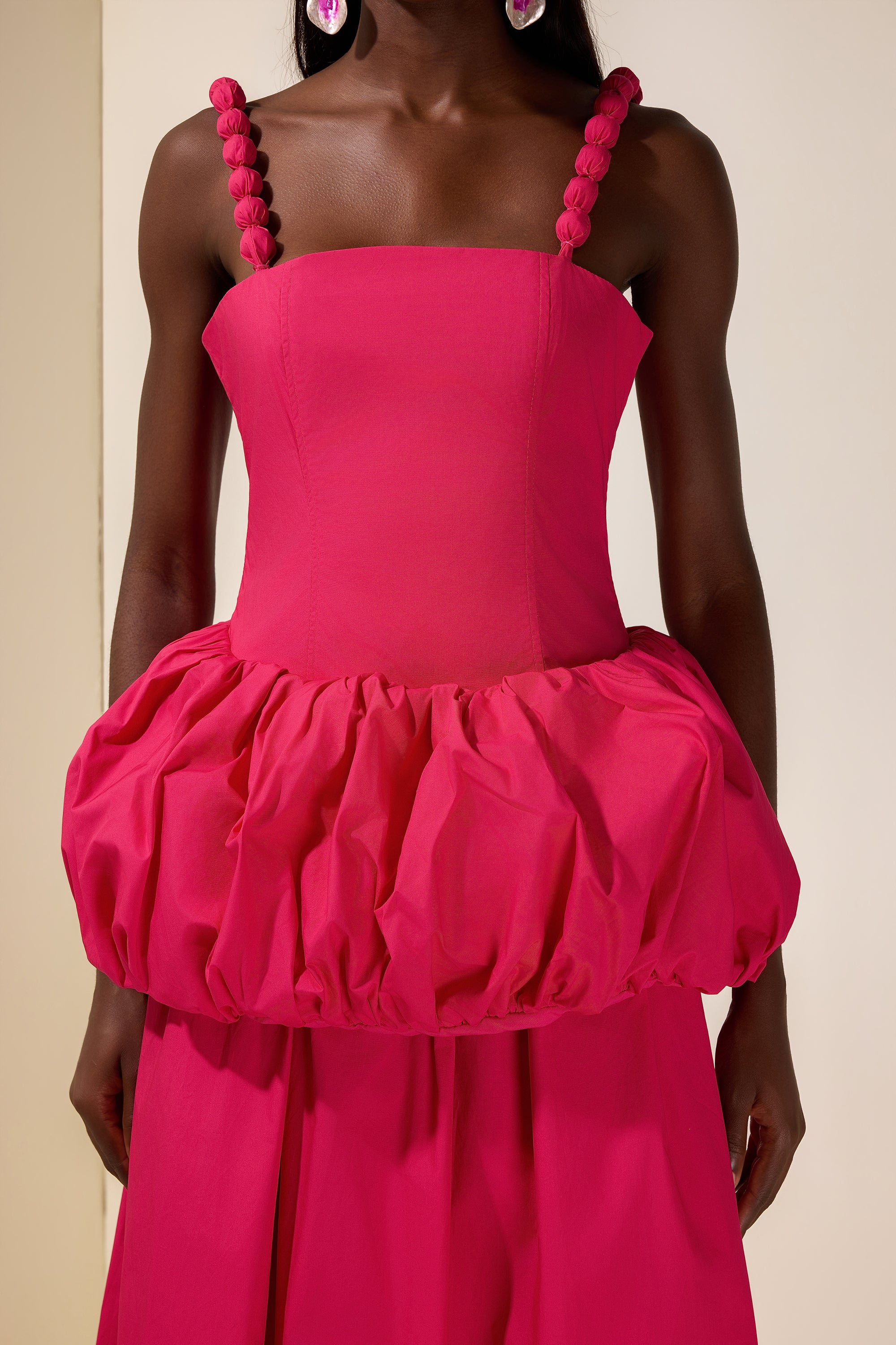 Solid Beaded Slip Puff Maxi Dress
