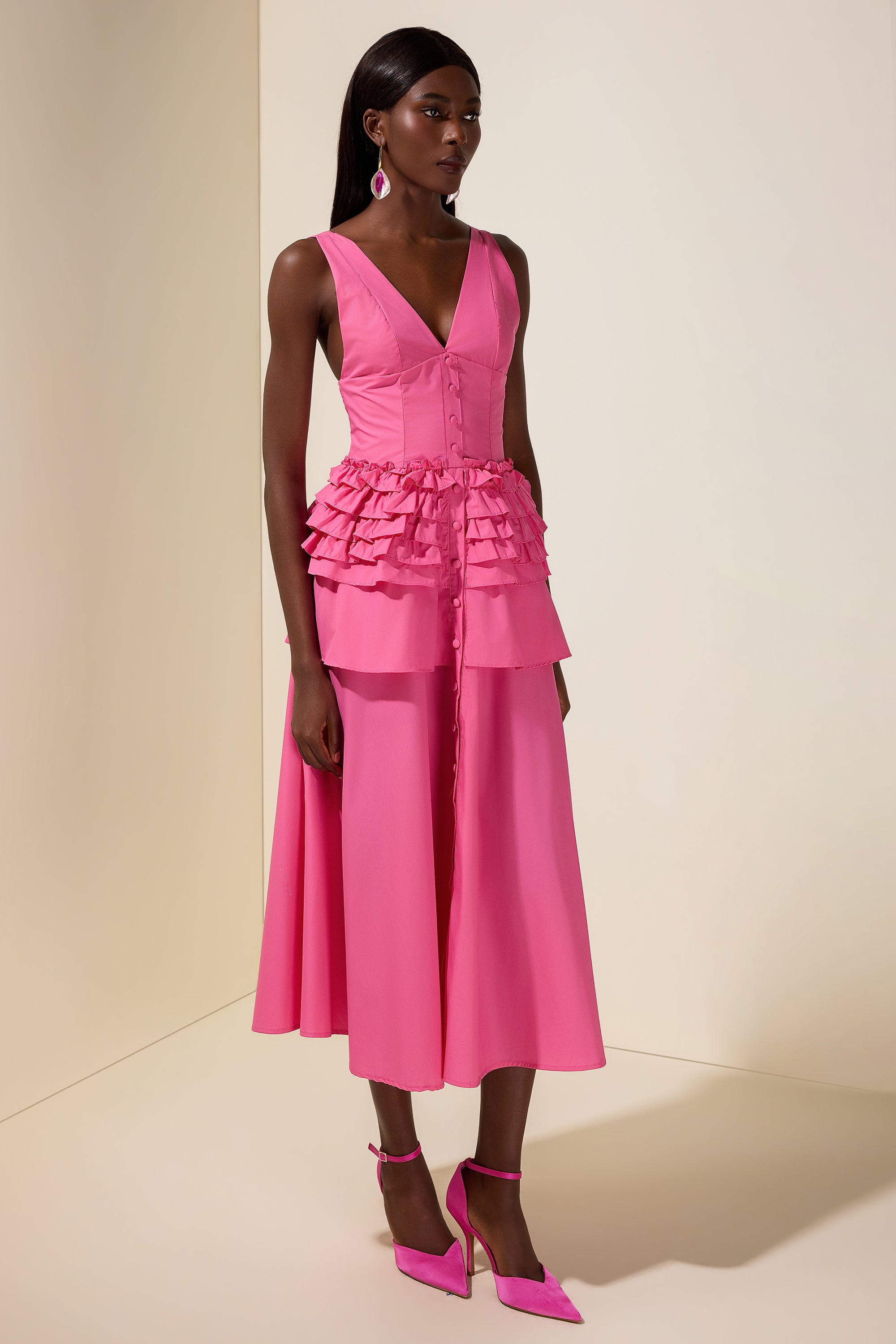 Solid Single Breasted V-Neck Ruffle Smocking Maxi Dress