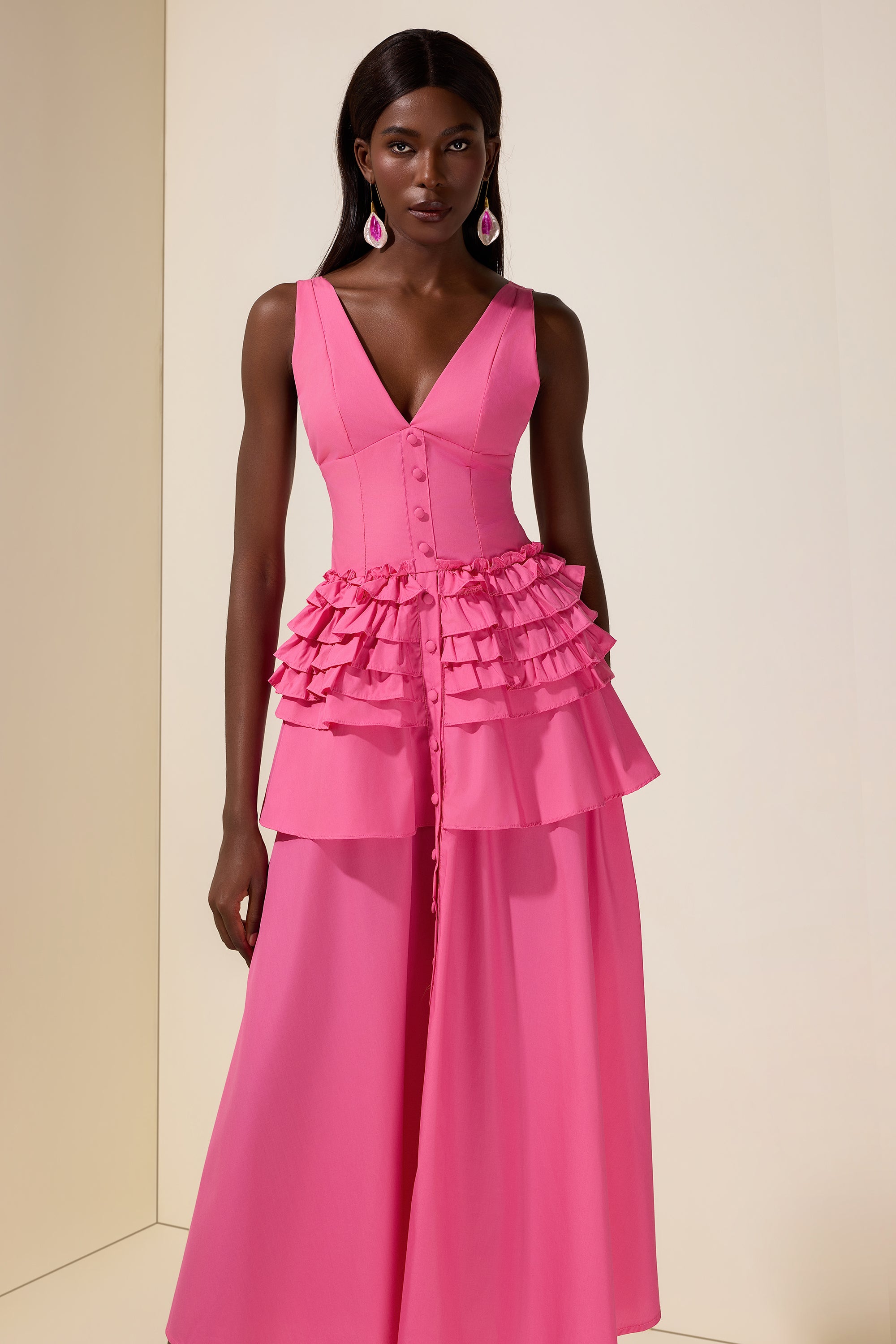 Solid Single Breasted V-Neck Ruffle Smocking Maxi Dress
