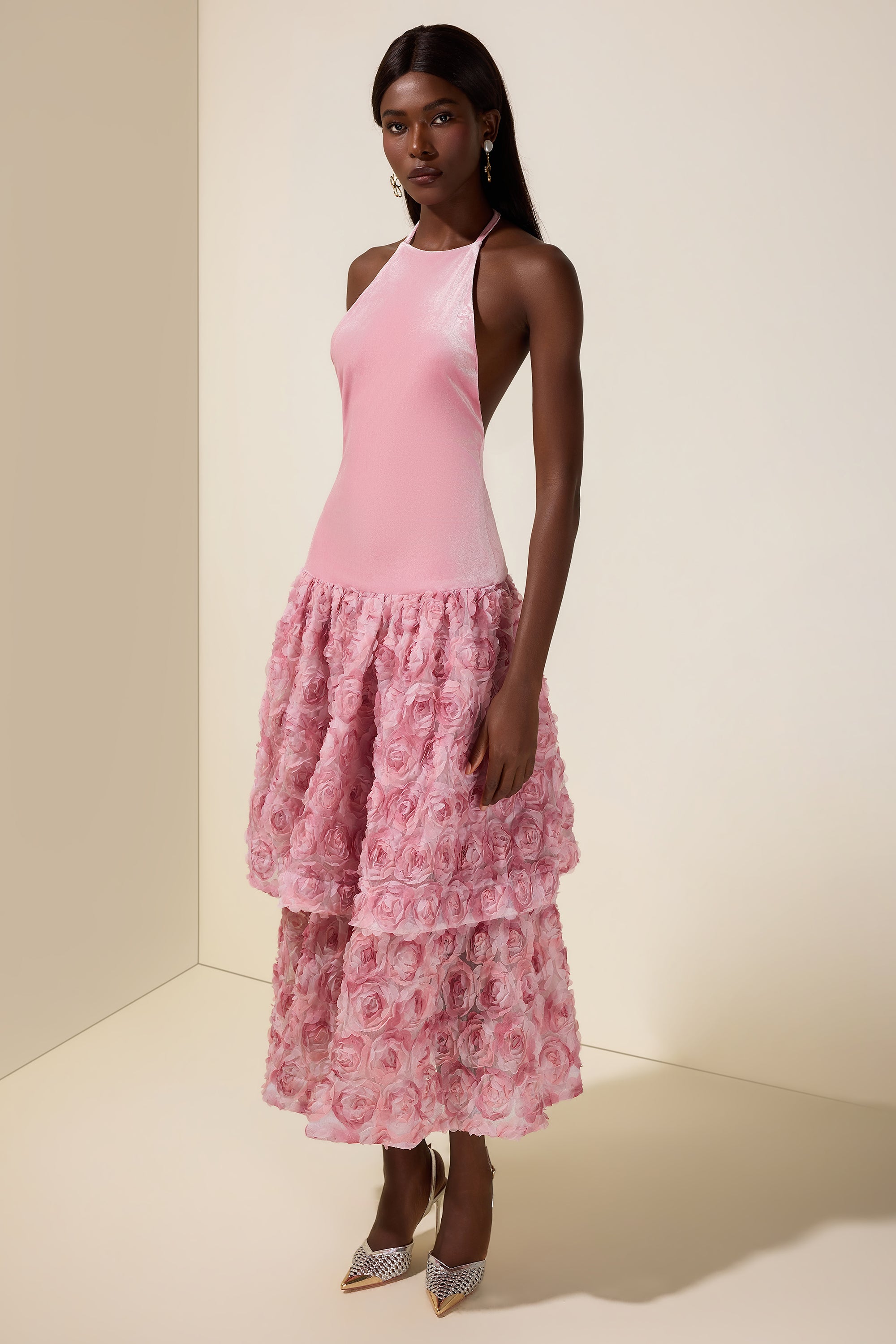 Velvet 3D Flower Halter Neck Midi Dress