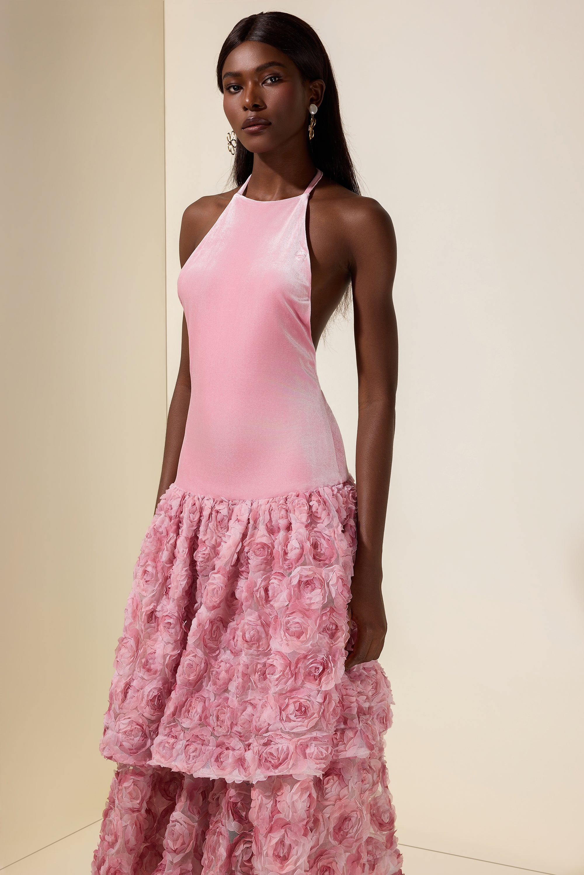 Velvet 3D Flower Halter Neck Midi Dress