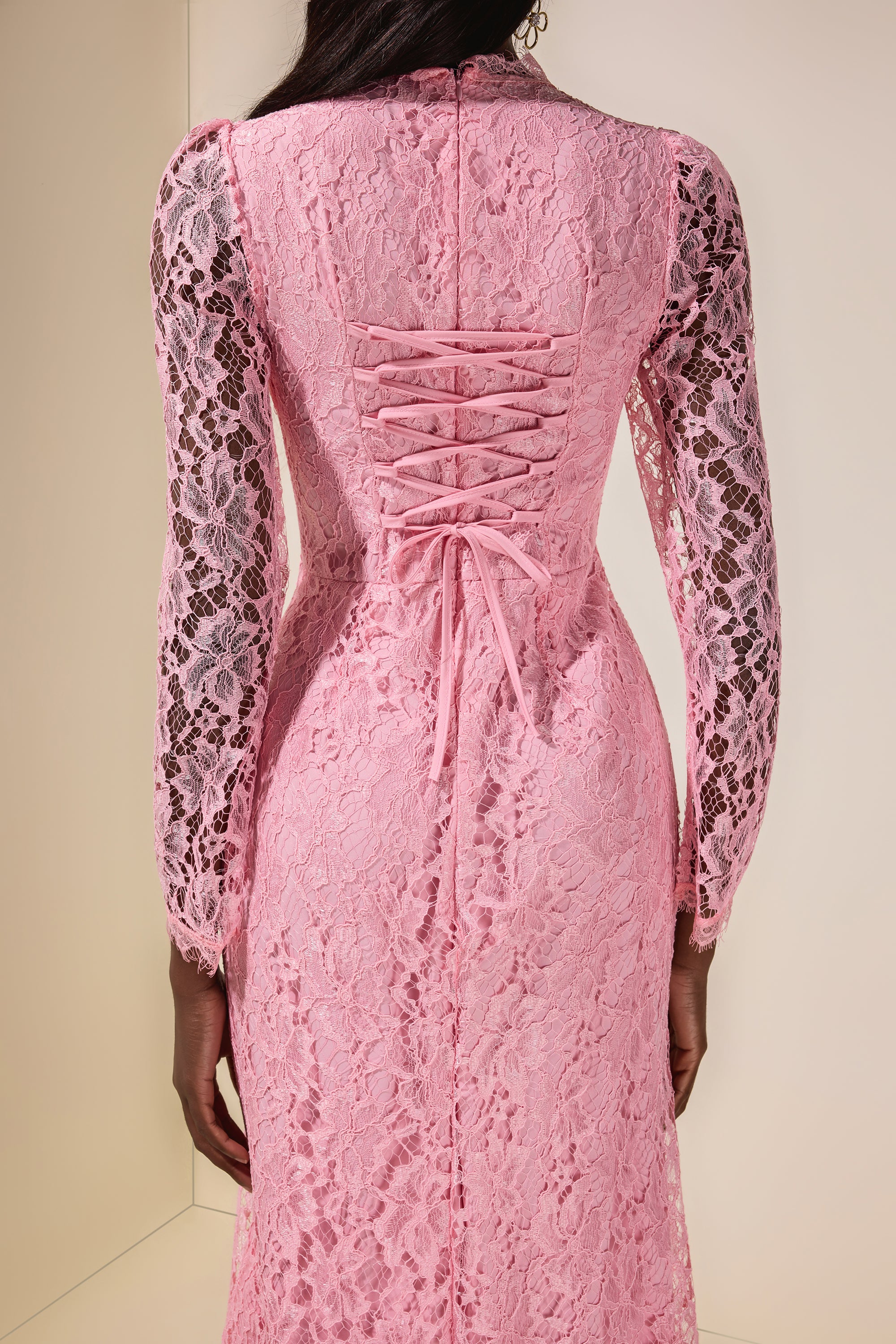 Lace Tie-Up Long Sleeve Midi Dress