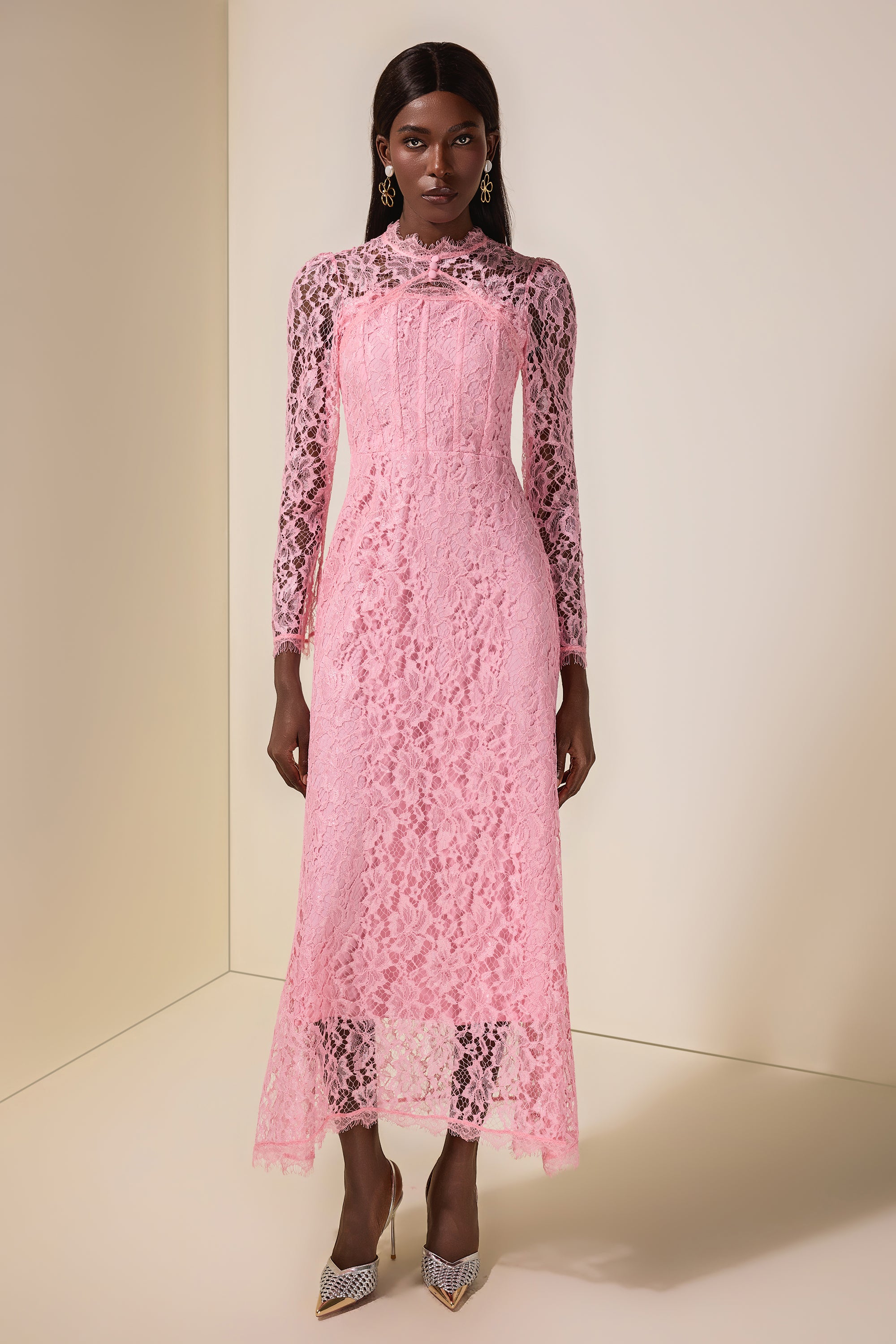 Lace Tie-Up Long Sleeve Midi Dress