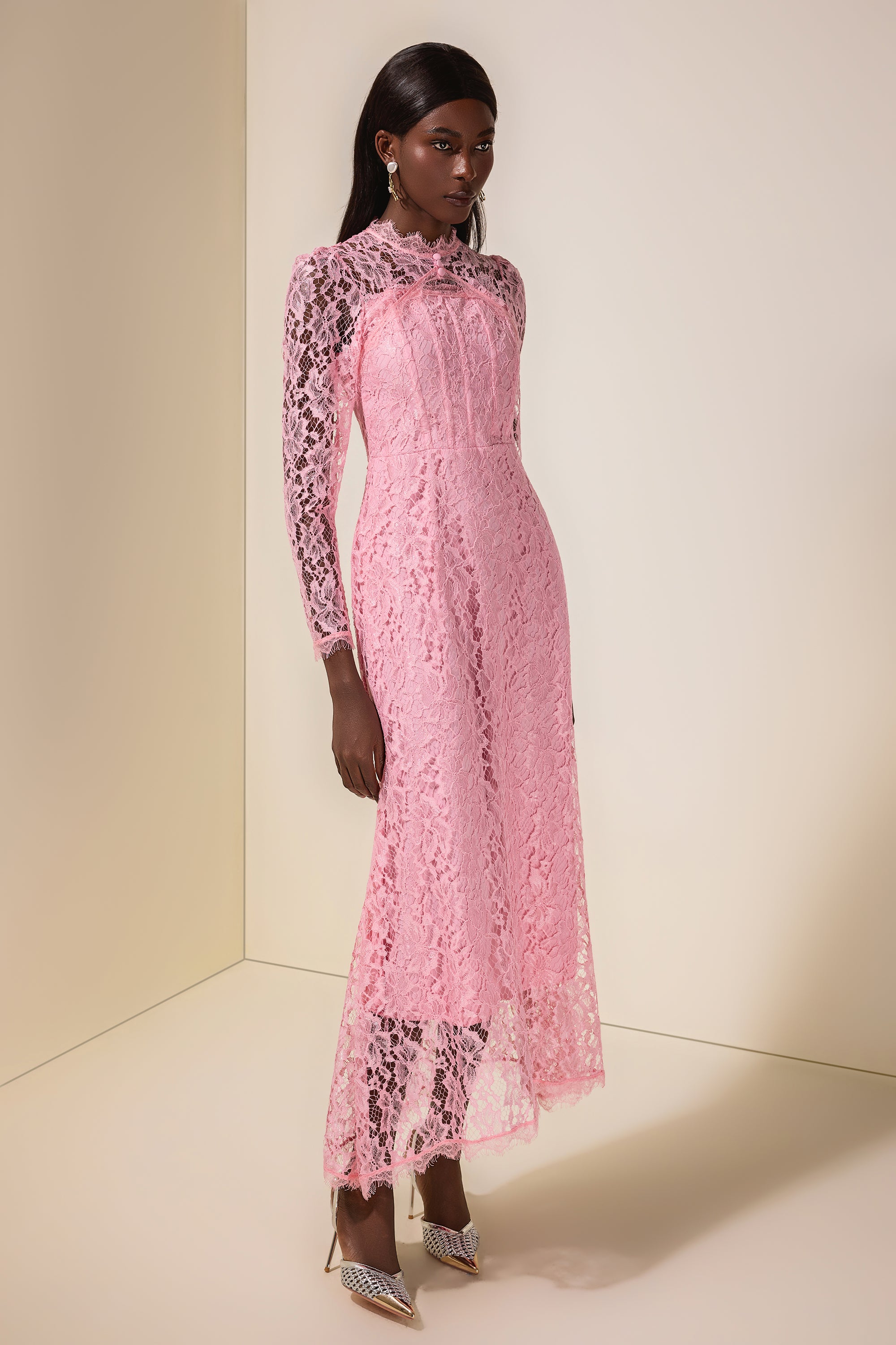 Lace Tie-Up Long Sleeve Midi Dress