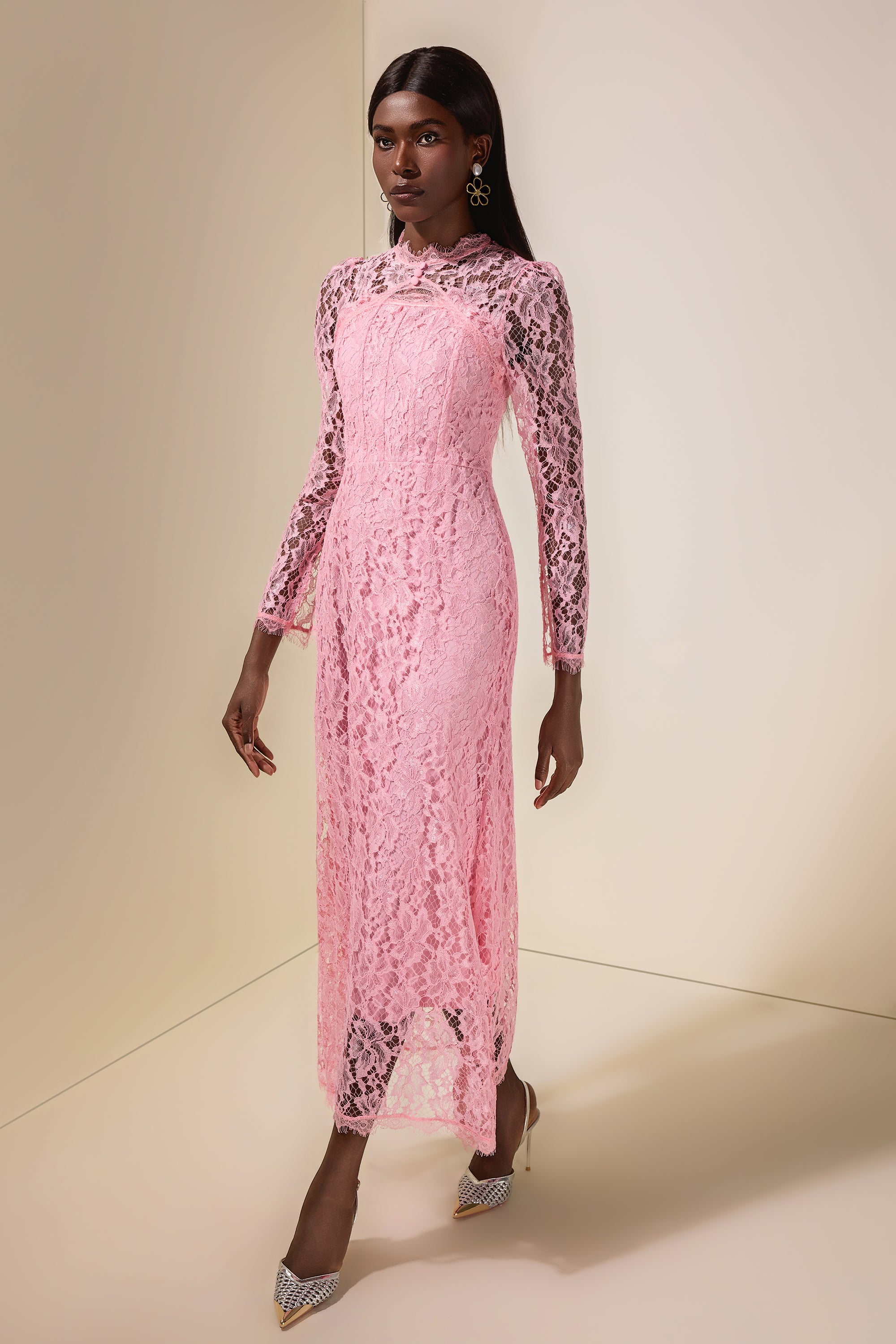 Lace Tie-Up Long Sleeve Midi Dress