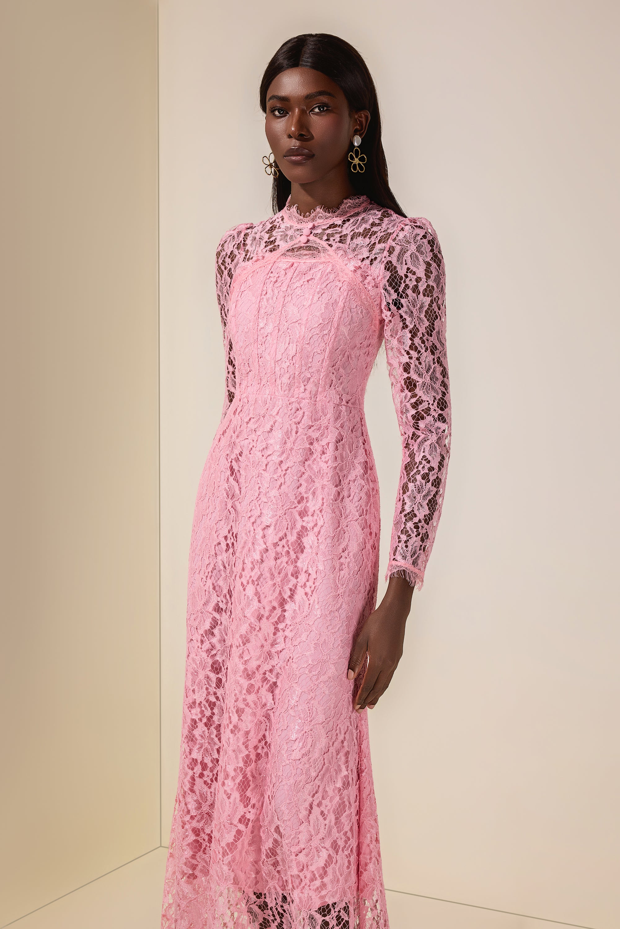 Lace Tie-Up Long Sleeve Midi Dress