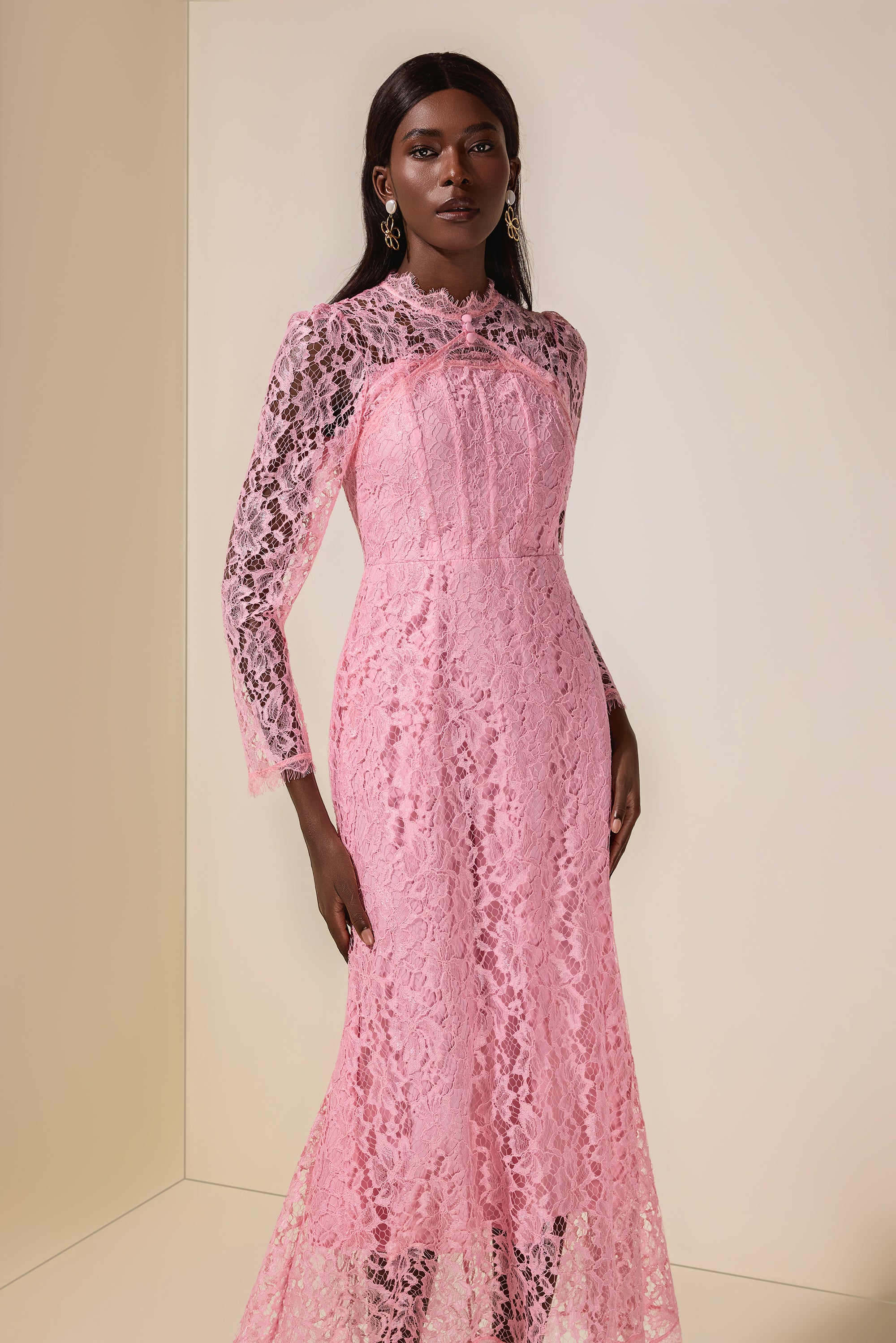 Lace Tie-Up Long Sleeve Midi Dress