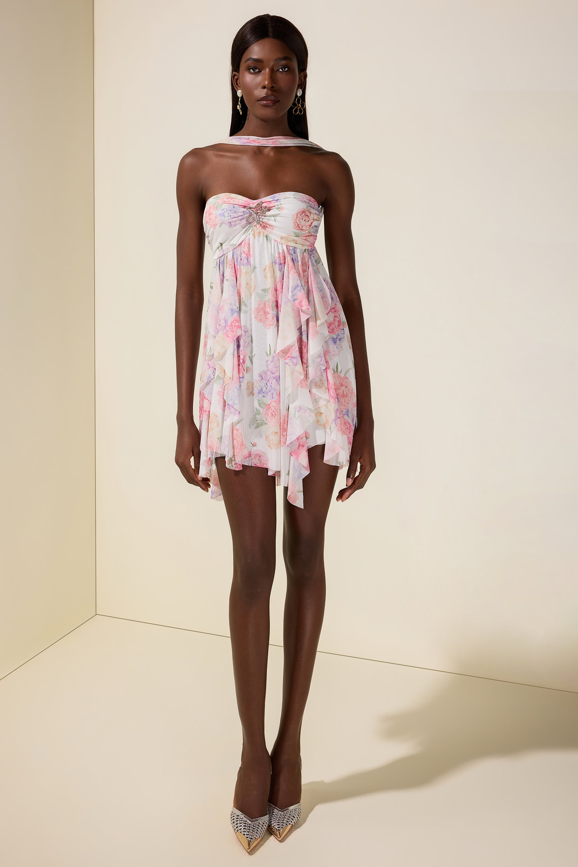 Floral Frill Strapless Mini Dress