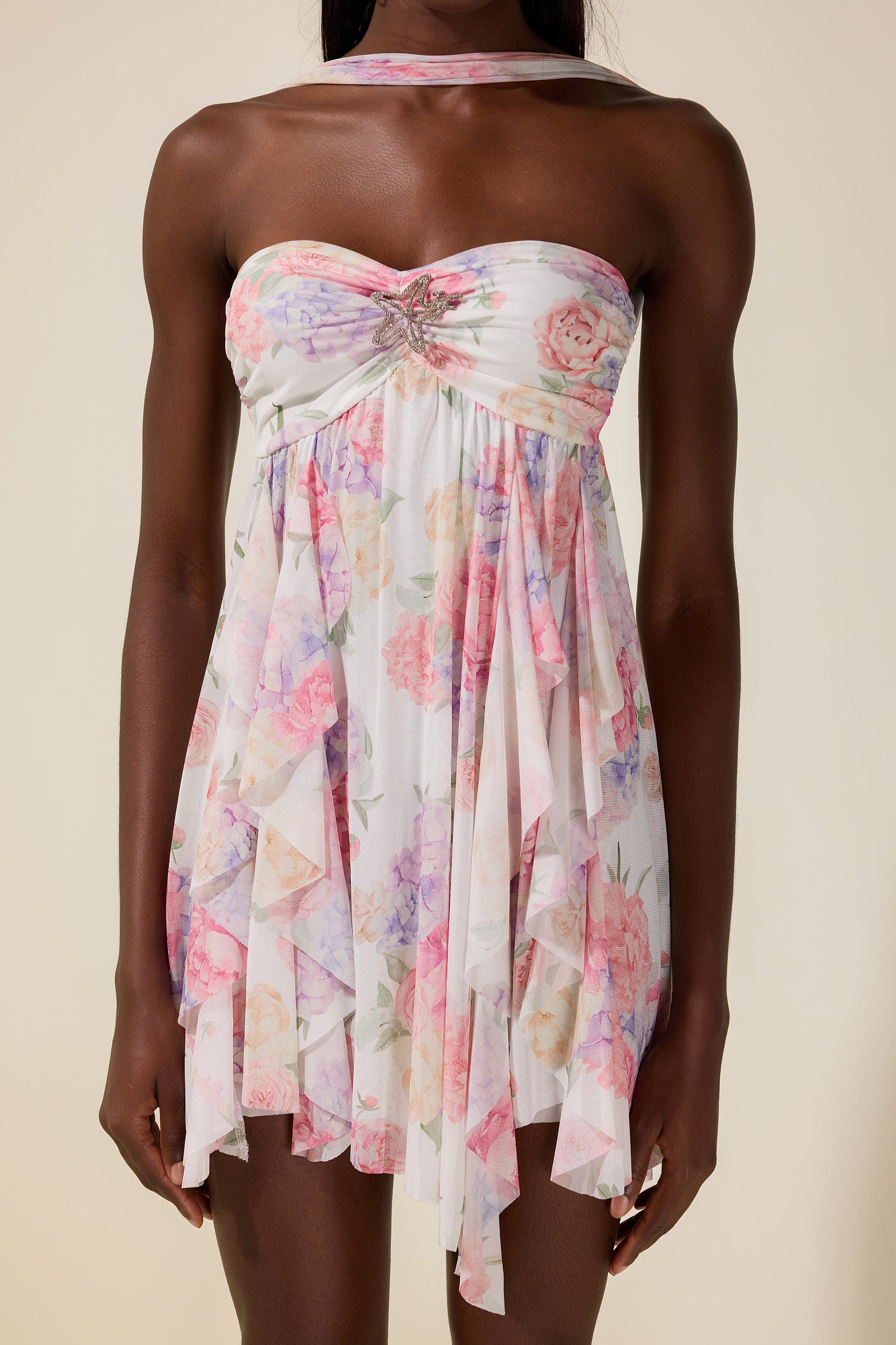 Floral Frill Strapless Mini Dress