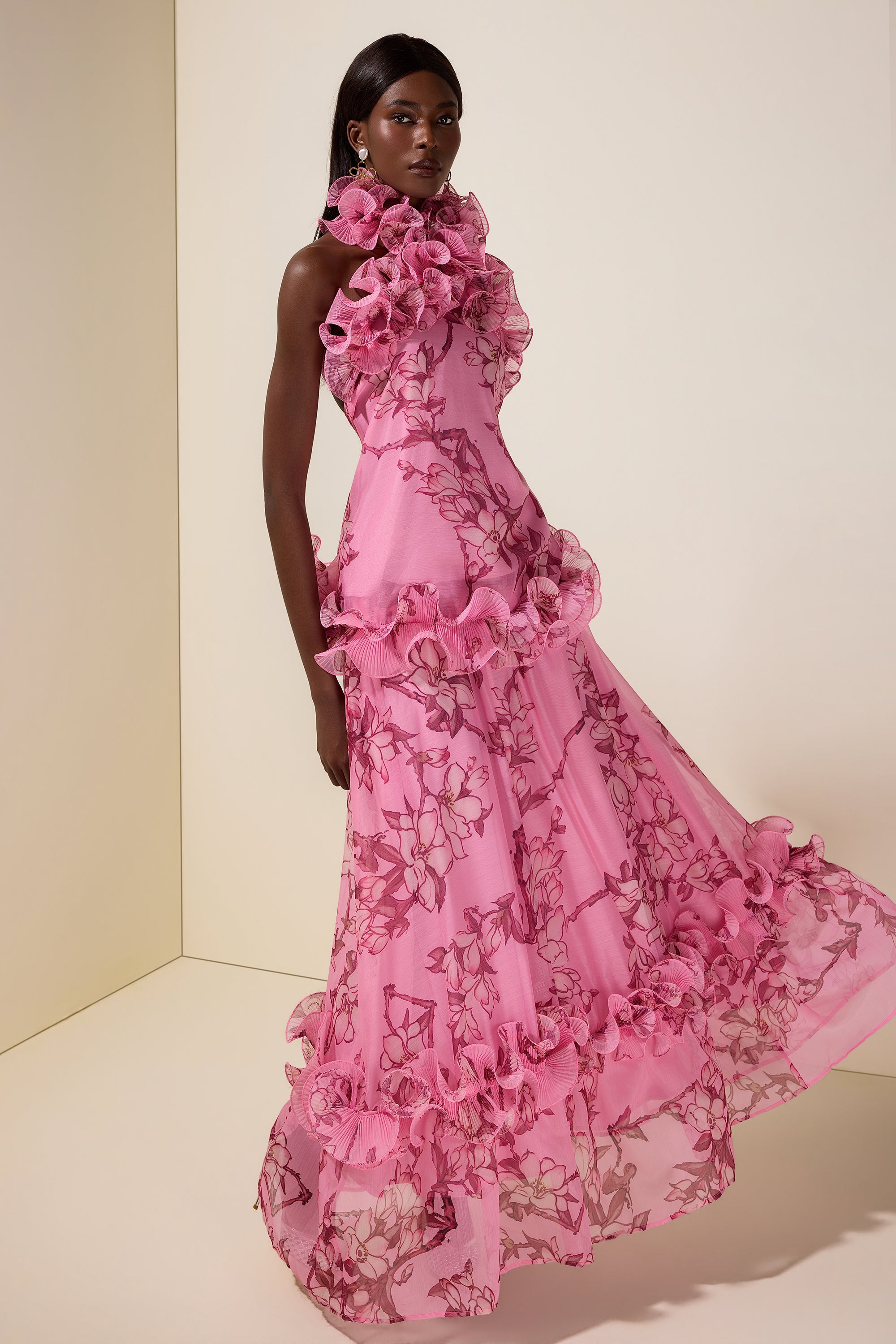 Floral Halter Neck Ruffle Top & Mid Waist Maxi Skirt Set