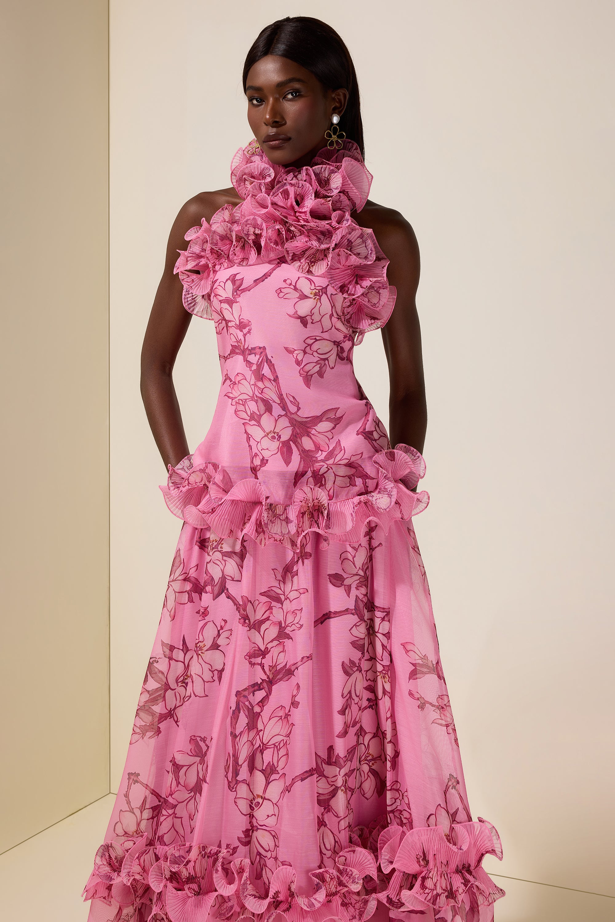 Floral Halter Neck Ruffle Top & Mid Waist Maxi Skirt Set