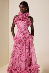 Floral Halter Neck Ruffle Top & Mid Waist Maxi Skirt Set