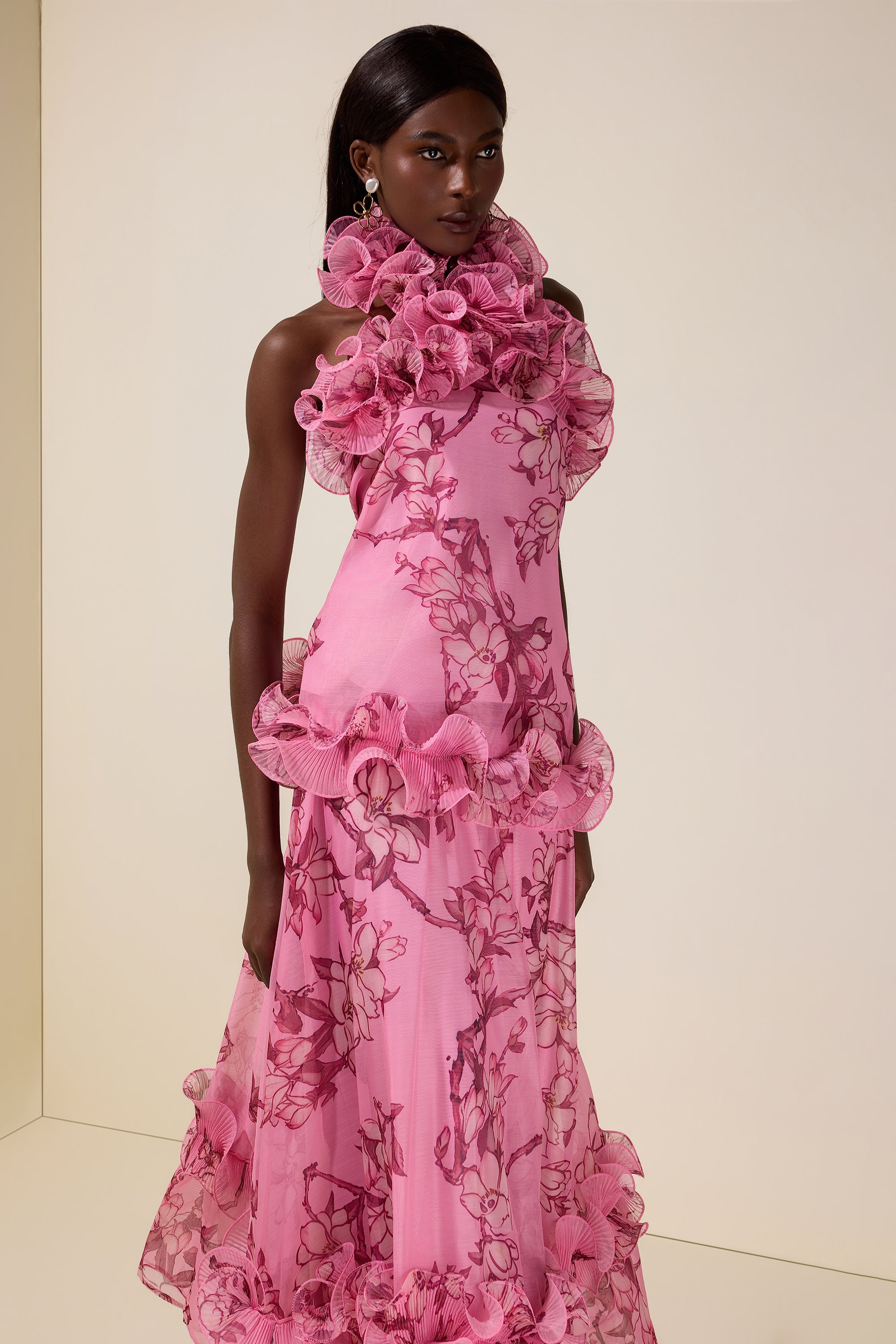 Floral Halter Neck Ruffle Top & Mid Waist Maxi Skirt Set