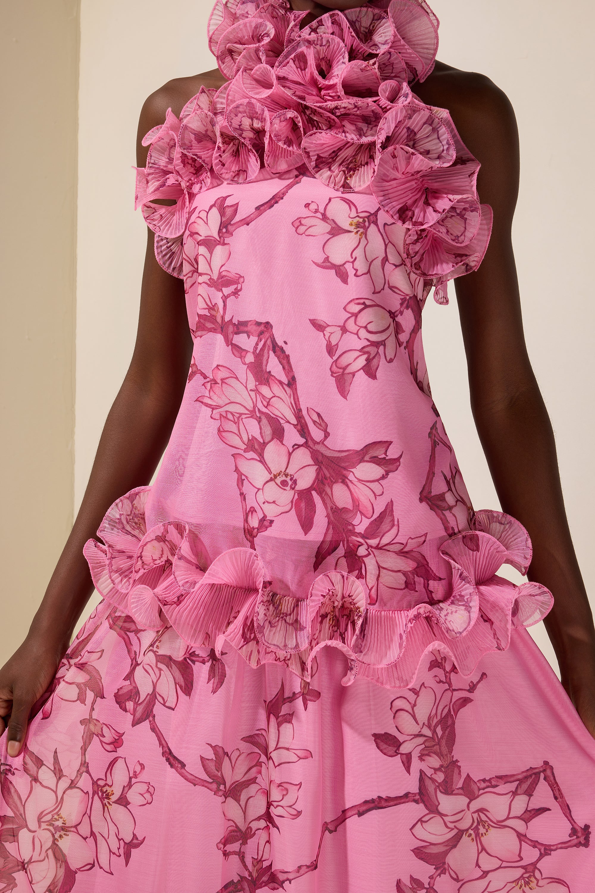 Floral Halter Neck Ruffle Top & Mid Waist Maxi Skirt Set
