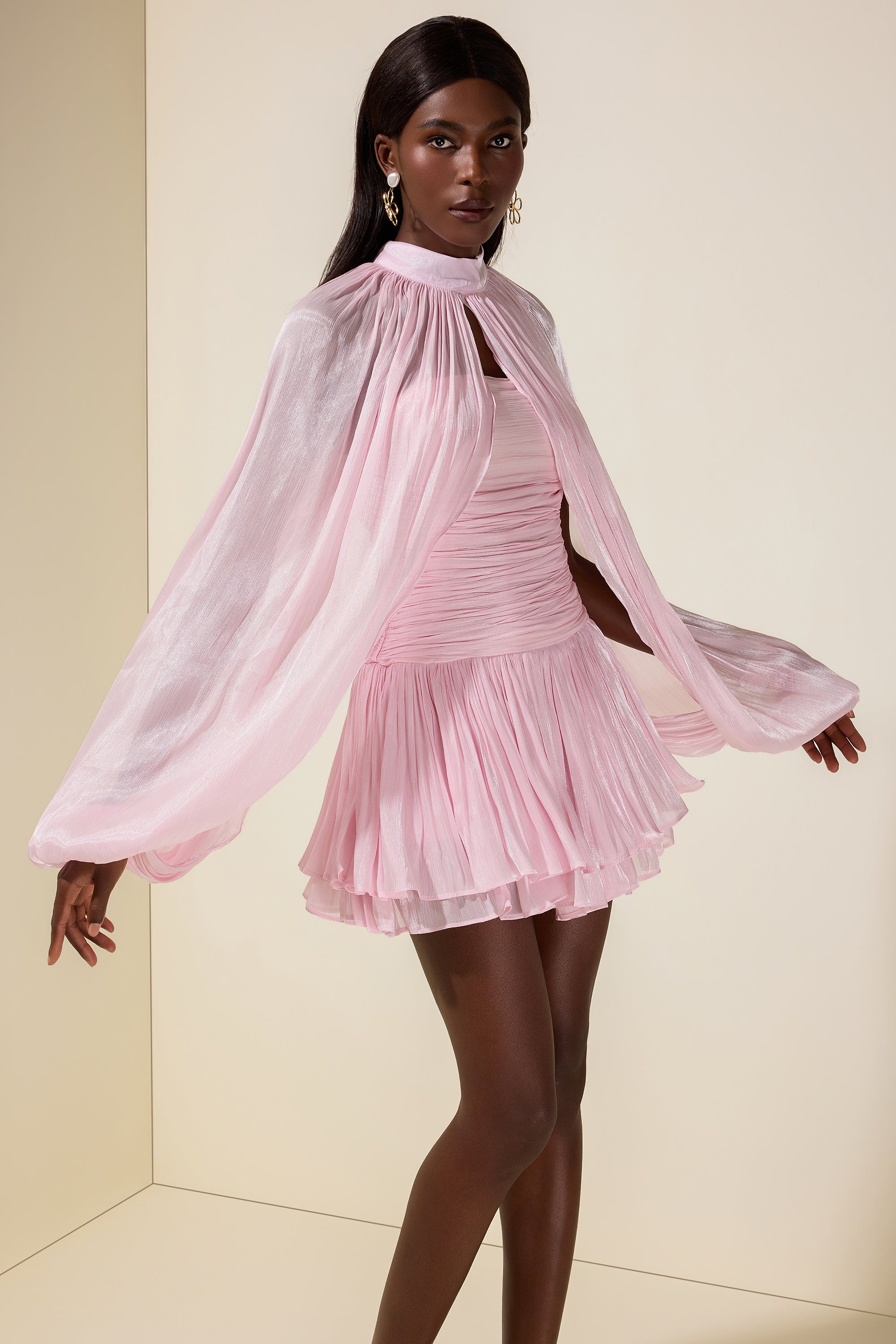 Satin Off-Shoulder Mini Dress With Cape