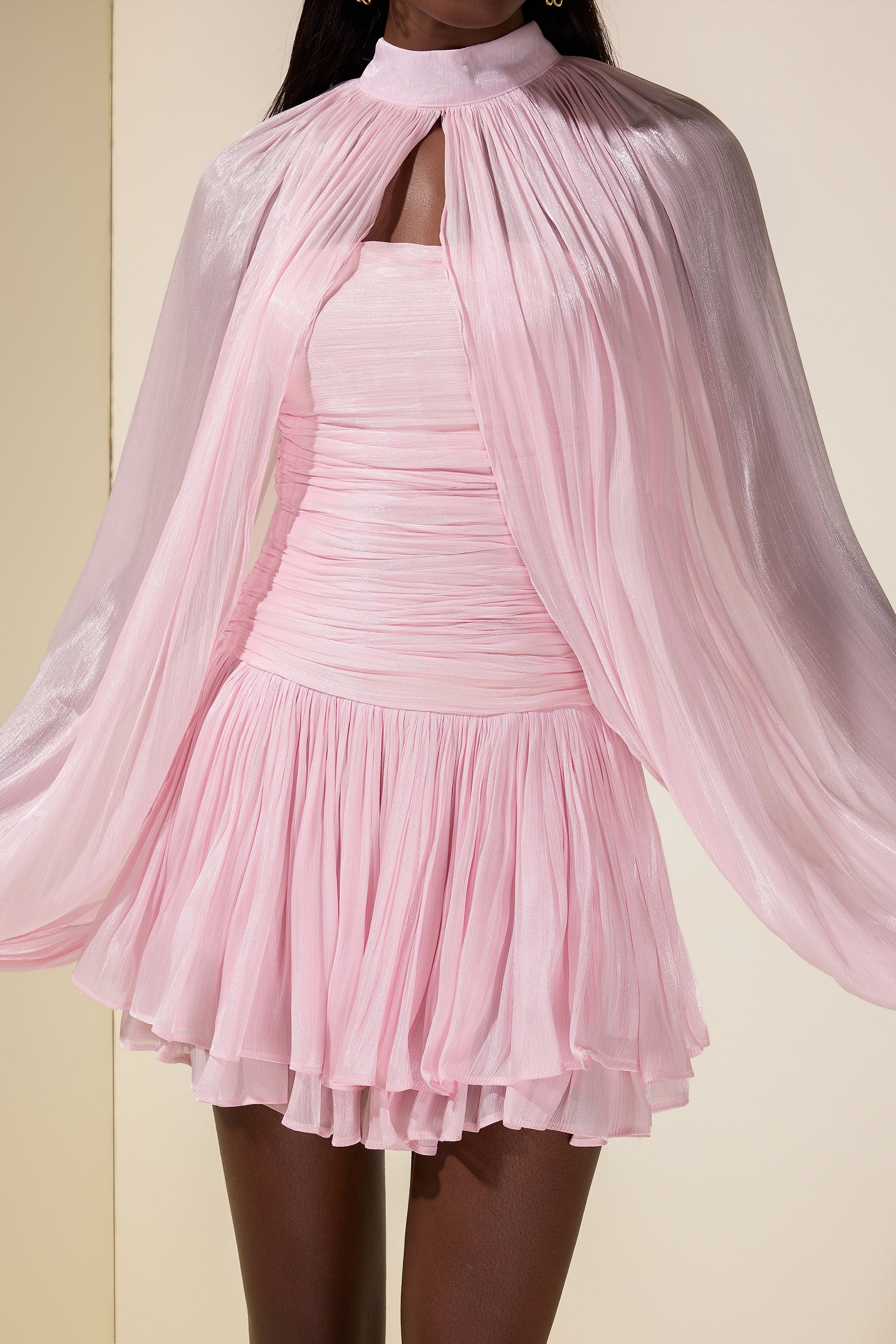 Satin Off-Shoulder Mini Dress With Cape