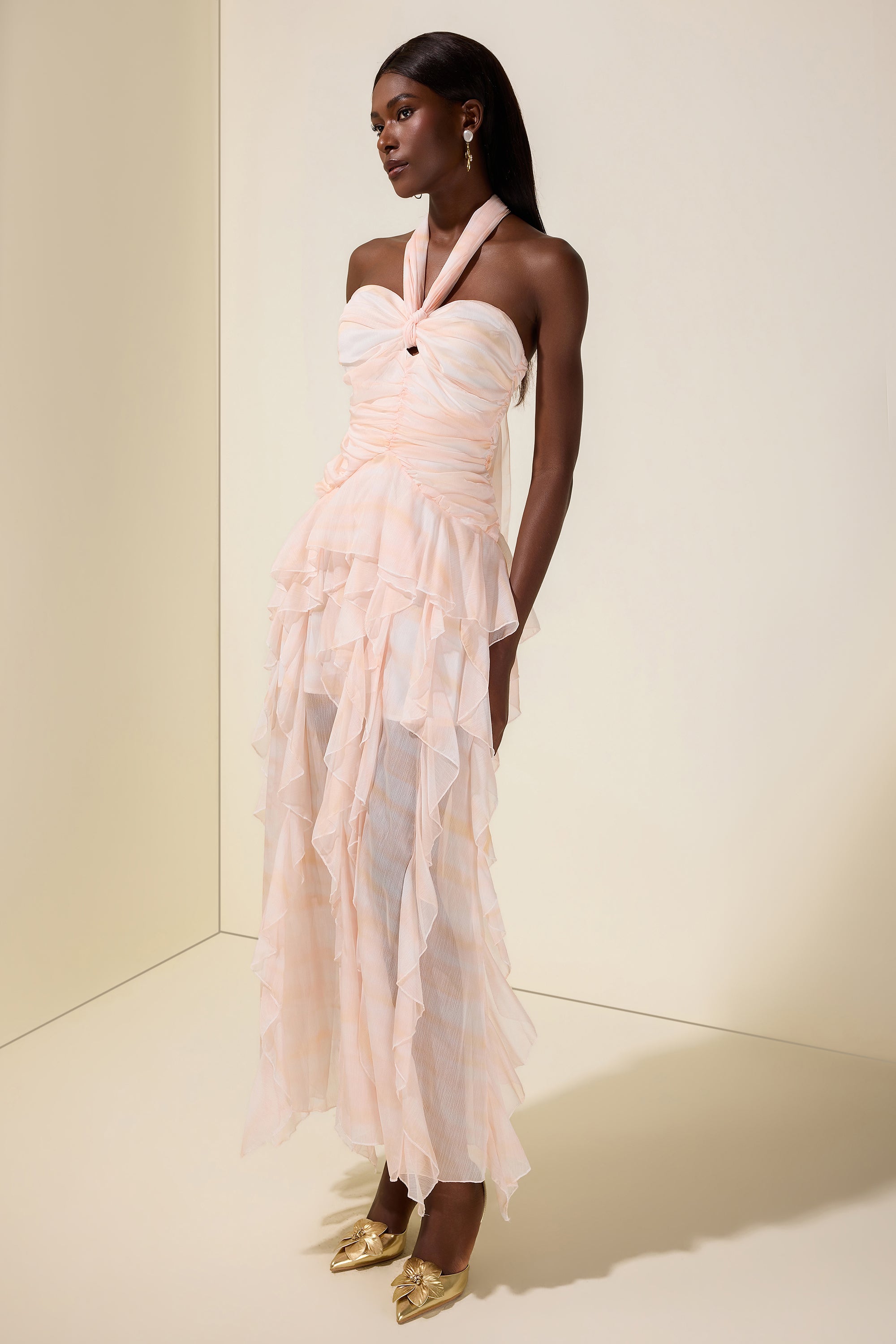 Tie Dye Halter Neck Ruffle Midi Dress