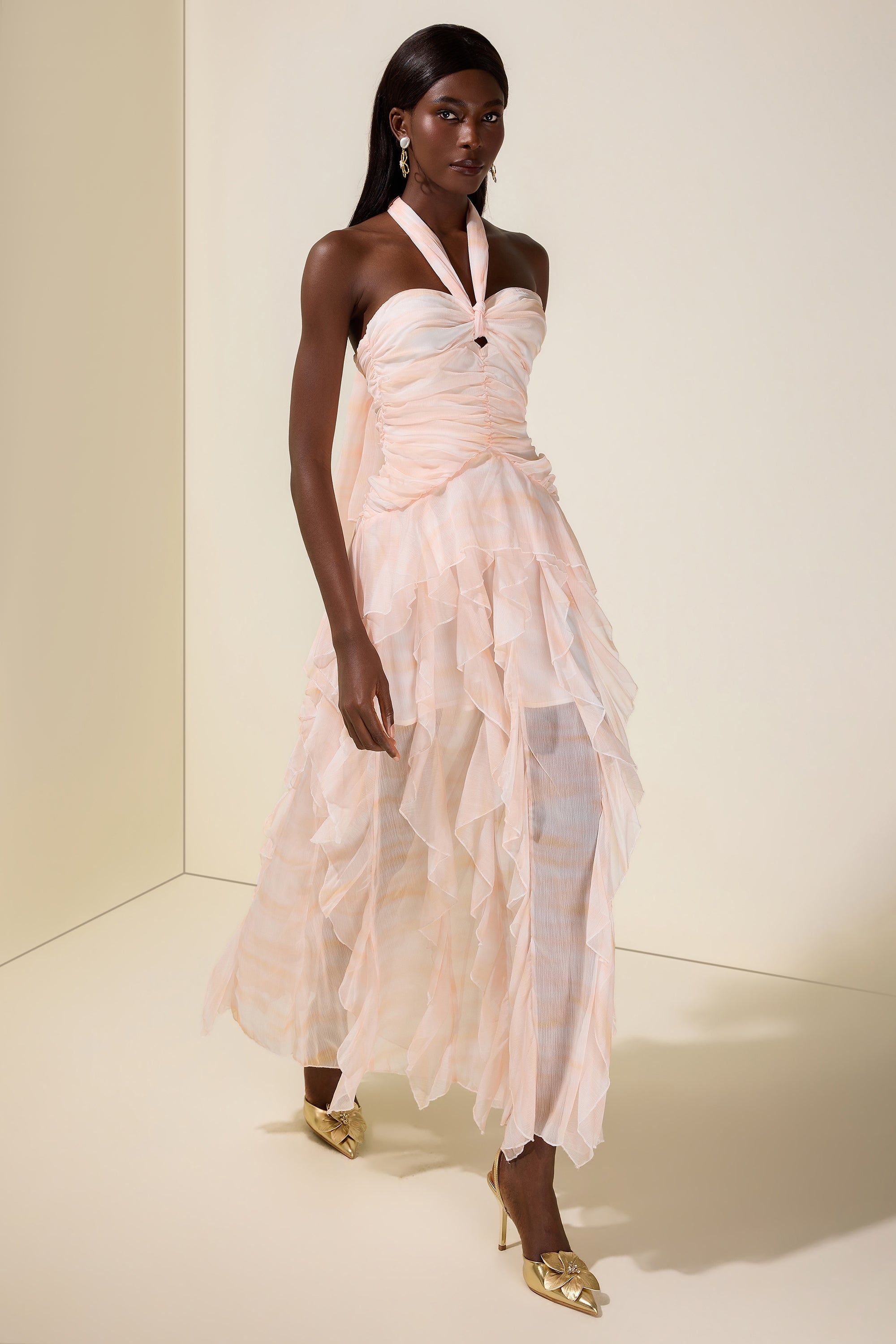 Tie Dye Halter Neck Ruffle Midi Dress