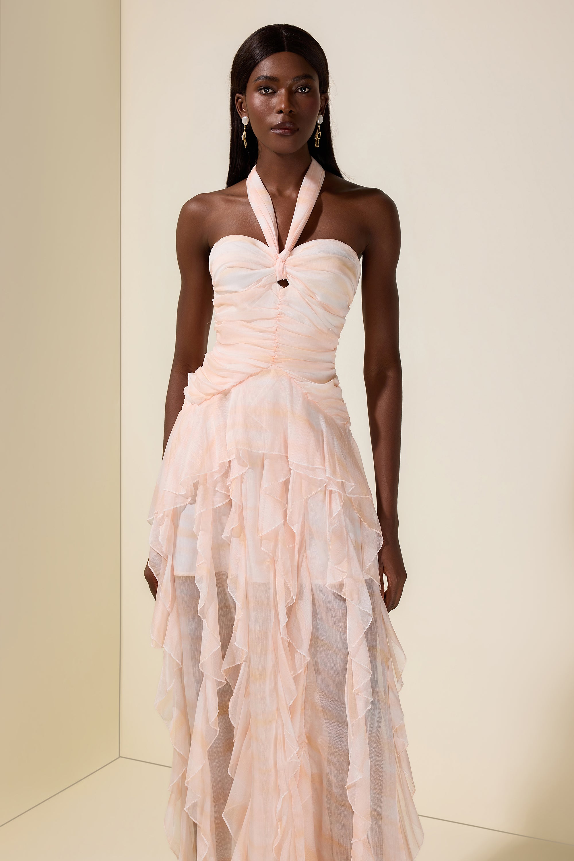 Tie Dye Halter Neck Ruffle Midi Dress