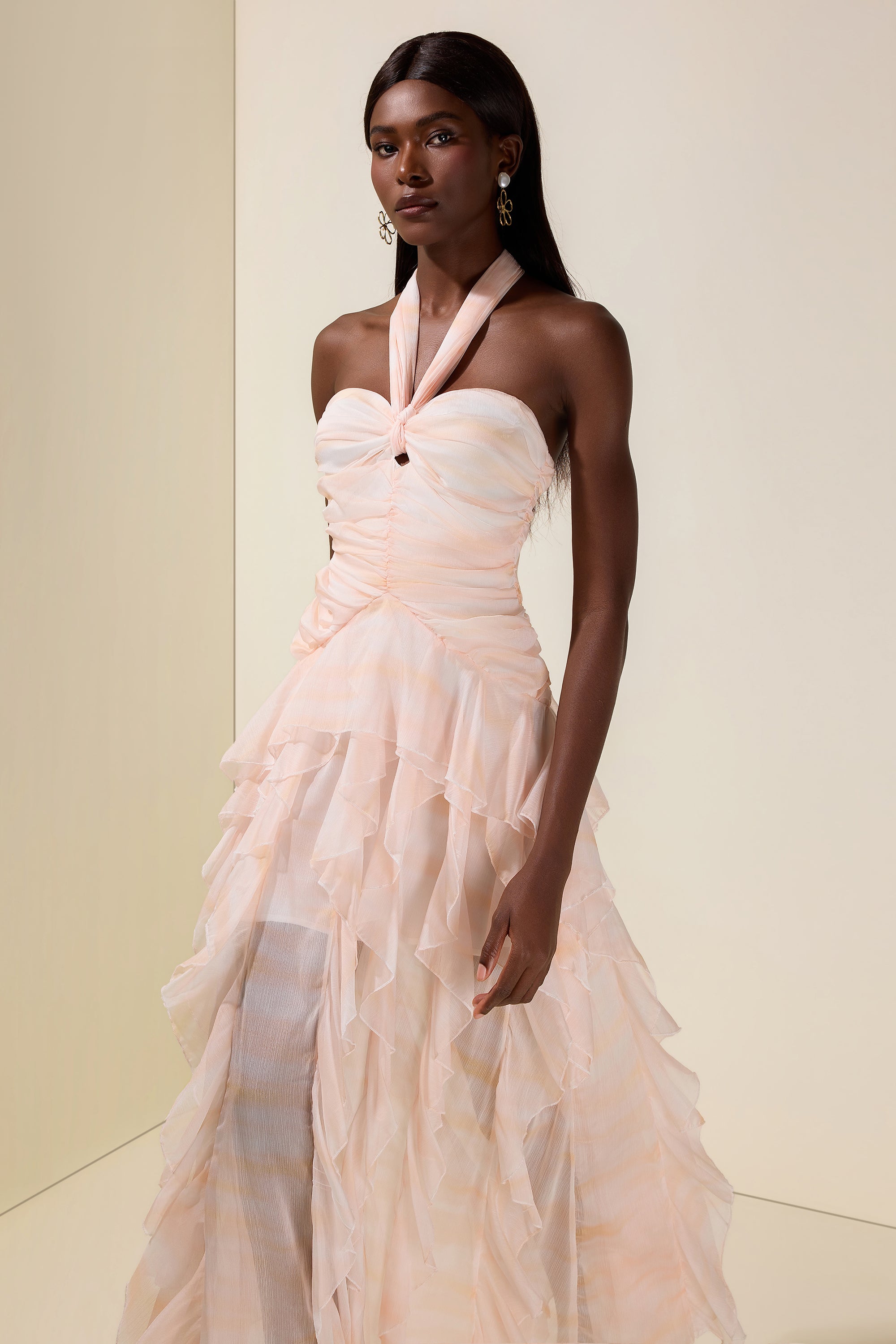 Tie Dye Halter Neck Ruffle Midi Dress