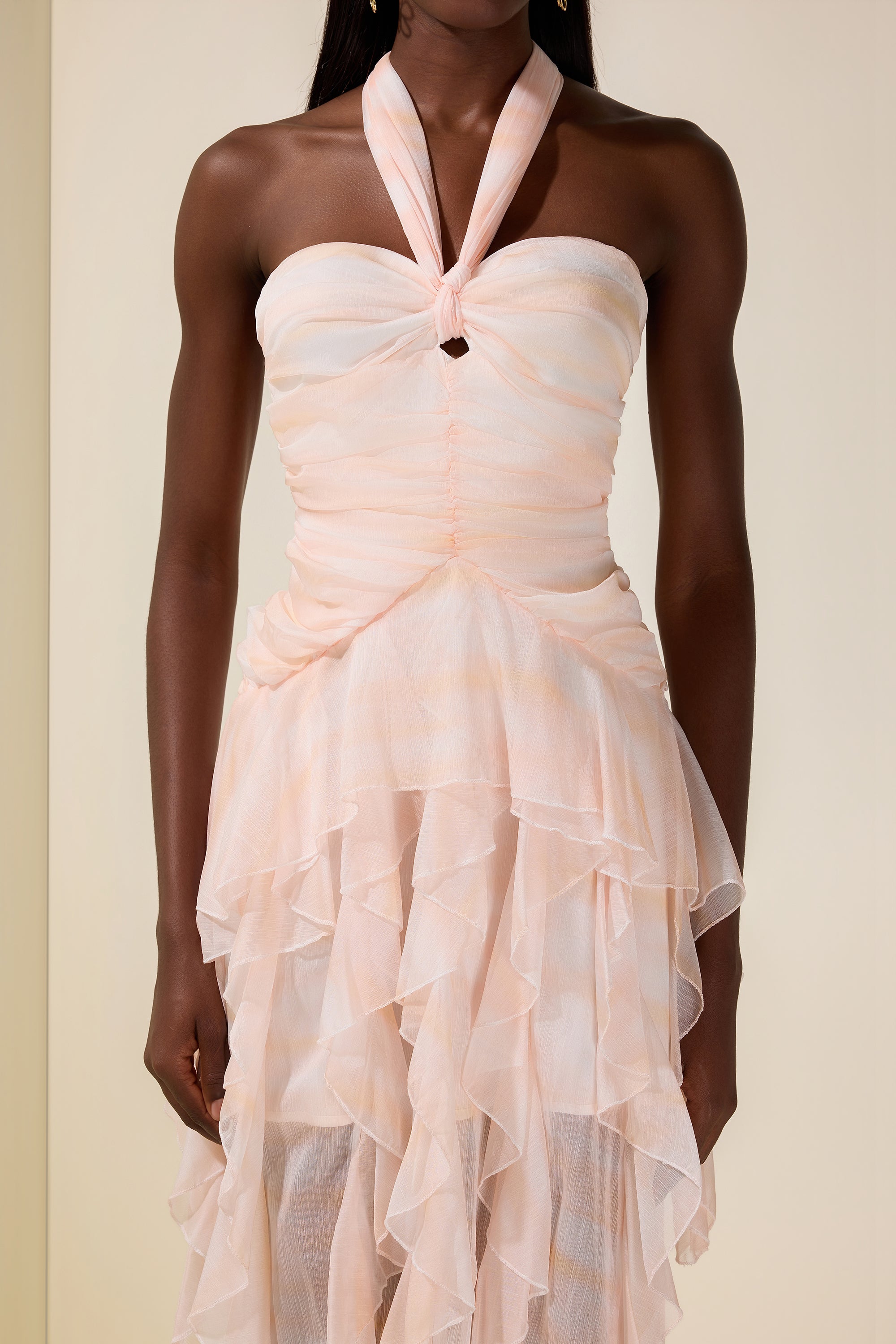 Tie Dye Halter Neck Ruffle Midi Dress