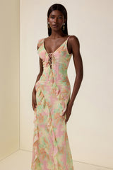Tie Dye Ruffle Tie-Up Midi Dress